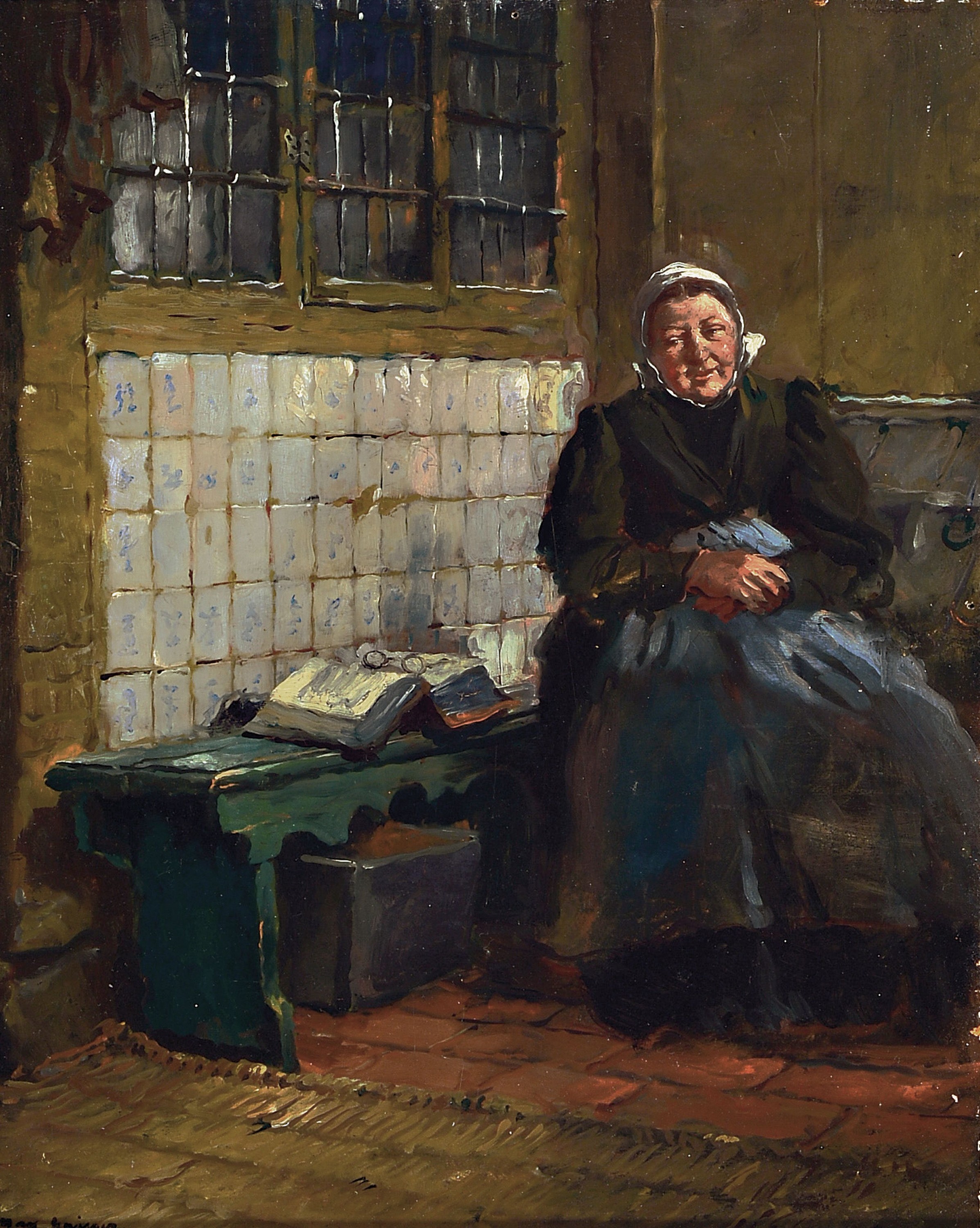Max Gaisser, 1857 Augsburg-1922 München, Bäuerin am Kachelofen, neben ihr Buch und Brille, Öl/Holz, links unten signiert, ca. 32x25cm, R. ca. ...