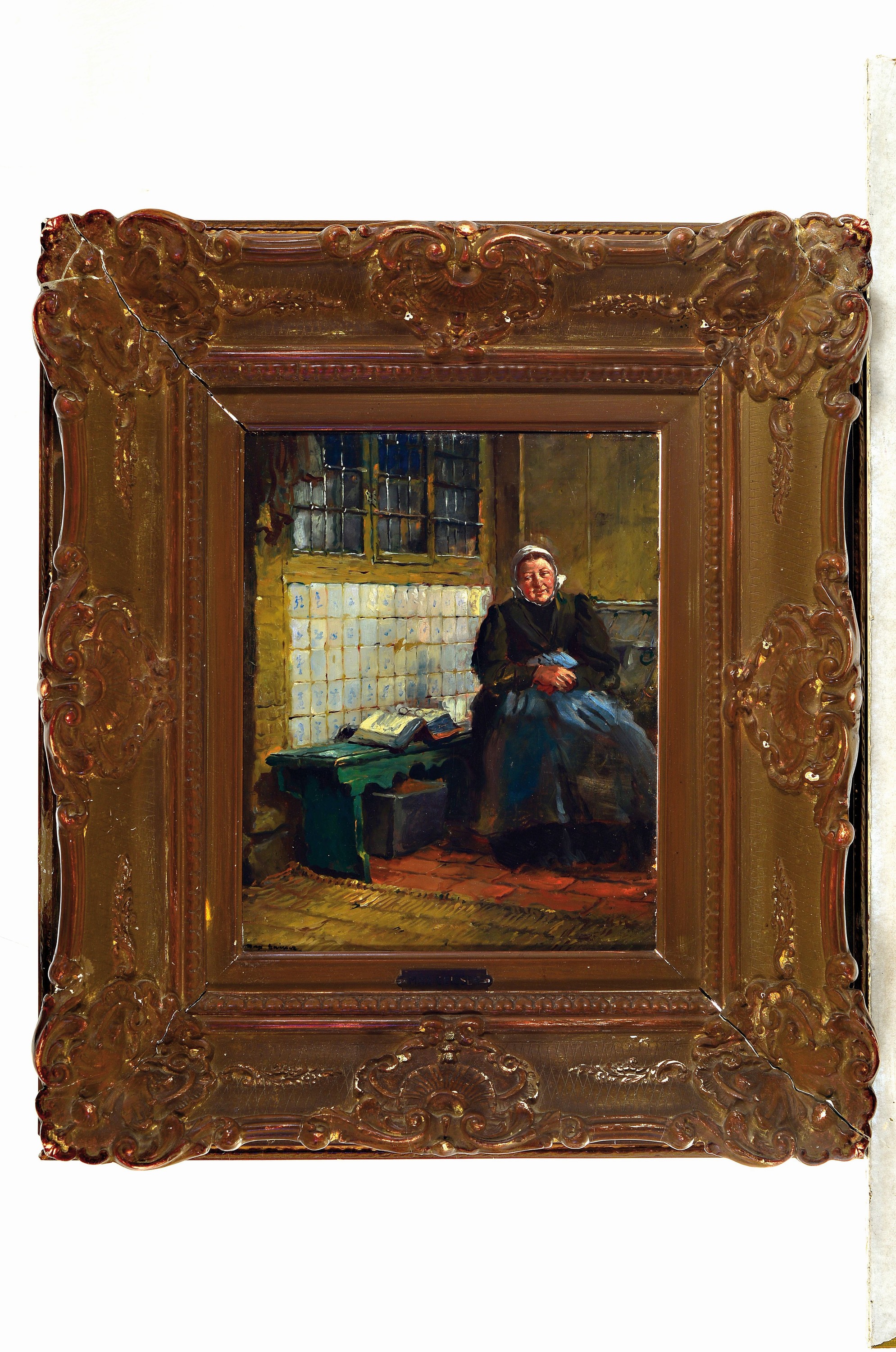 Detail k: Max Gaisser, 1857 Augsburg-1922 München, Bäuerin am Kachelofen, neben ihr Buch und Brille, Öl/Holz, links unten signiert, ca. 32x25cm, R. ca. ...