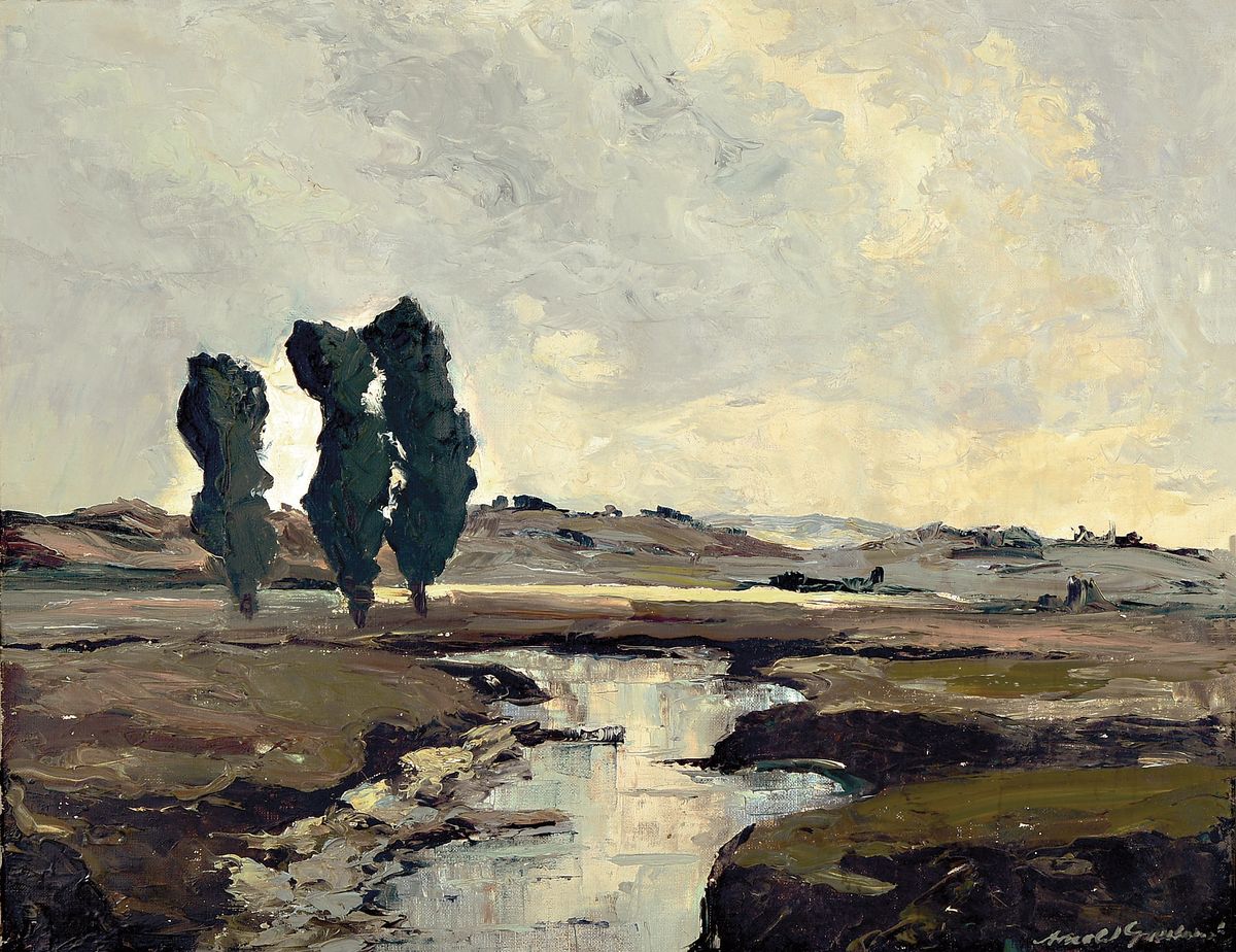 Georg Arnold-Graboné, 1896 München-1982 Starnberg, Weite Moorlandschaft mit Pappeln, Öl/Lwd, Spachteltechnik, rechts unten signiert, ca. 54x70cm, ...