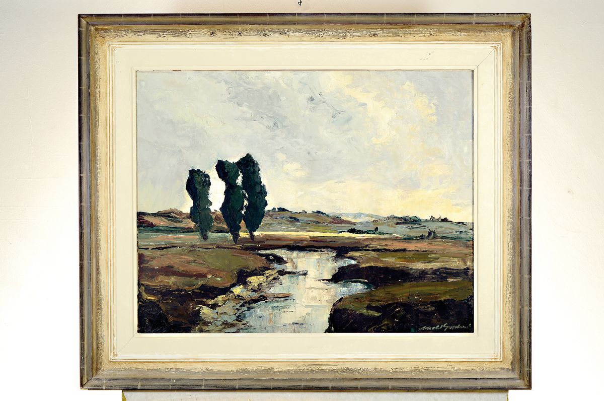 Detail k: Georg Arnold-Graboné, 1896 München-1982 Starnberg, Weite Moorlandschaft mit Pappeln, Öl/Lwd, Spachteltechnik, rechts unten signiert, ca. 54x70cm, ...