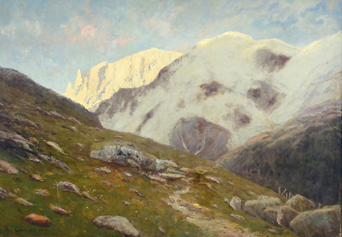 Otto Gampert, 1842 Offenbach-1924 Zürich, Landschaft im Hochgebirge, Öl/Lwd, doubliert, signiert, ca. 70x100cm, R. ca. 86x116cm, studierte in ...