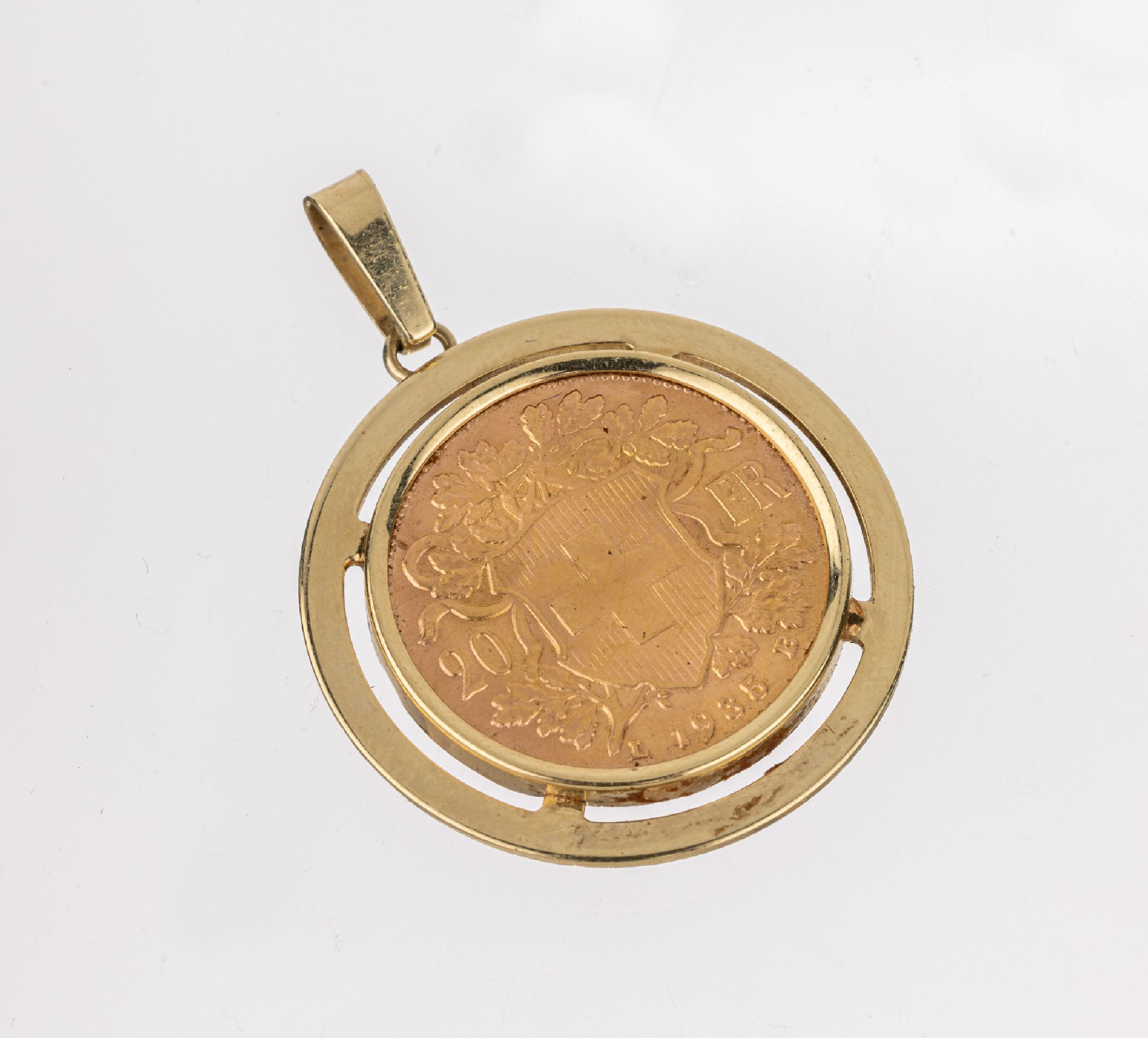 14 kt Gold Münz-Anhänger, GG 585/000, lose gefasste 20 Franken, Schweiz 1935, sogn. Vreneli, Rahmung schlicht, ca. 8.9 g