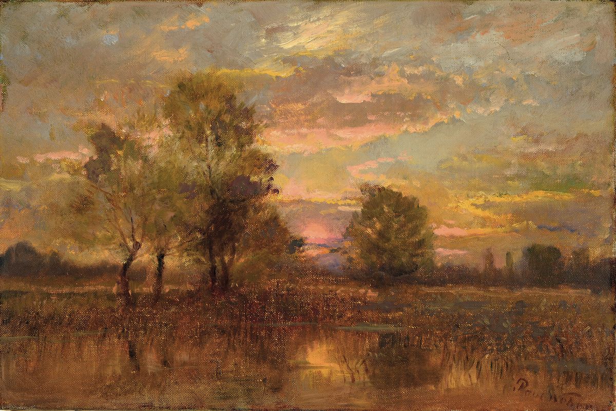 (Gottlieb Daniel) Paul Weber, 1823 Darmstadt- 1916 München, Abendrot über Baum bestandener Landschaft, Öl/Lwd, rechts unten sign. Paul Weber, ca. ...
