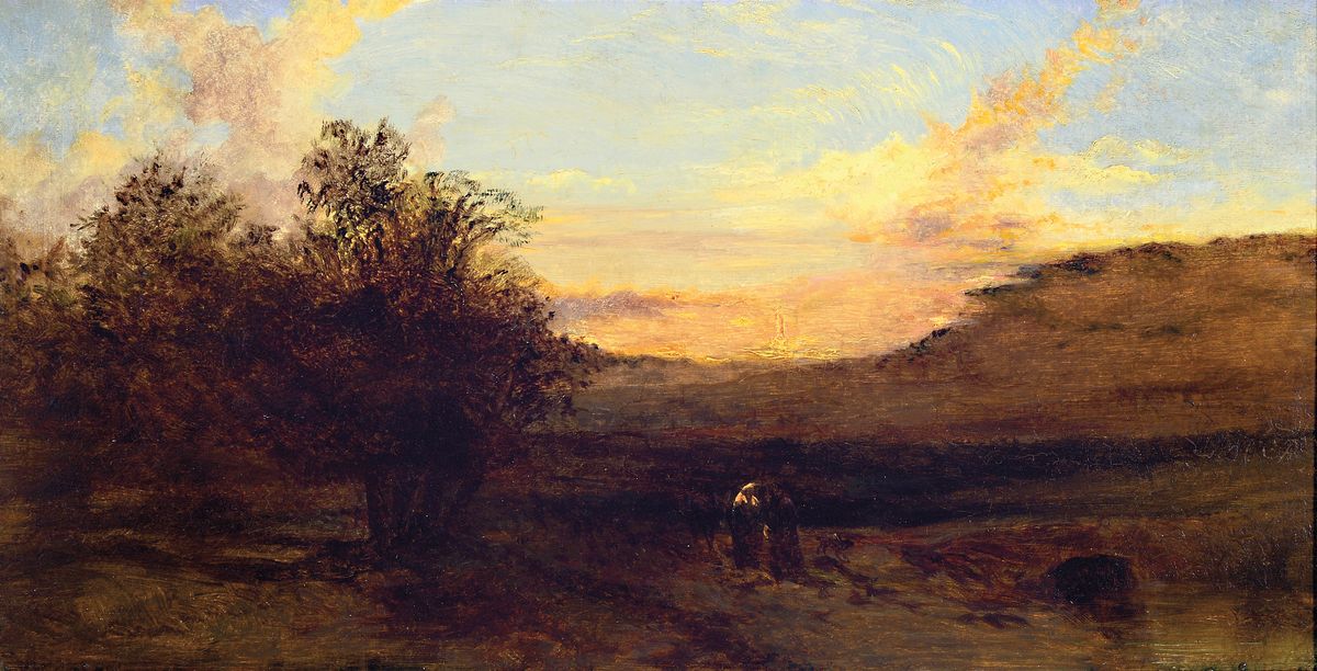 Zuschreibung: Adolf Heinrich Lier, 1826-1882 , Abendstimmung über weiter Landschaft mit zwei Personen, Öl/ Holz, unsigniert, verso kleine runde ...