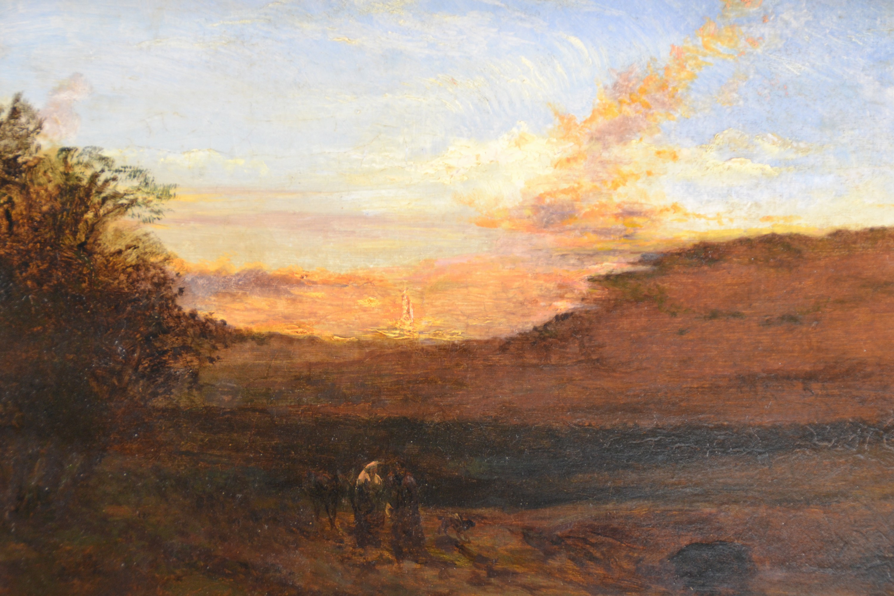 Detail a: Zuschreibung: Adolf Heinrich Lier, 1826-1882 , Abendstimmung über weiter Landschaft mit zwei Personen, Öl/ Holz, unsigniert, verso kleine runde ...