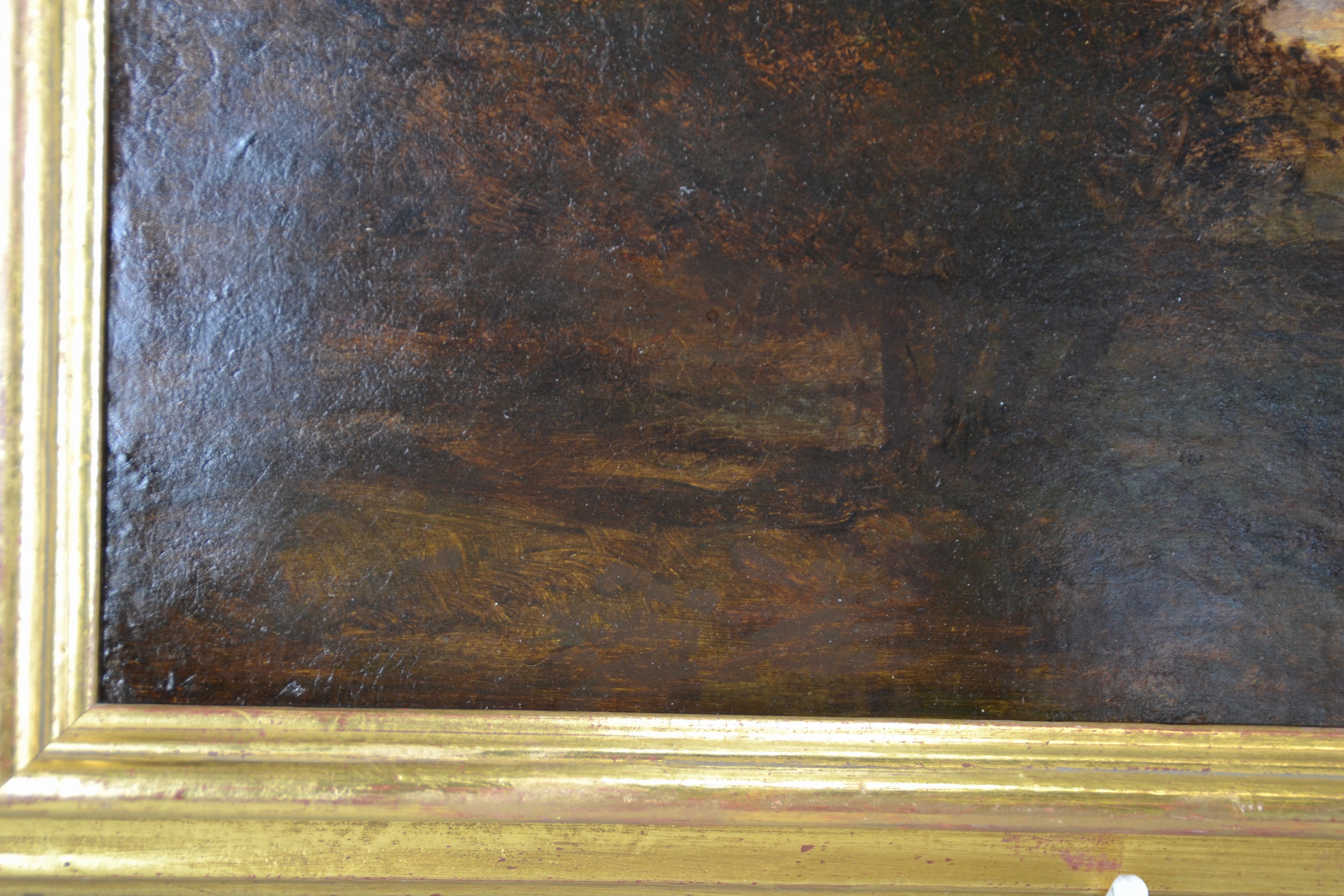 Detail b: Zuschreibung: Adolf Heinrich Lier, 1826-1882 , Abendstimmung über weiter Landschaft mit zwei Personen, Öl/ Holz, unsigniert, verso kleine runde ...