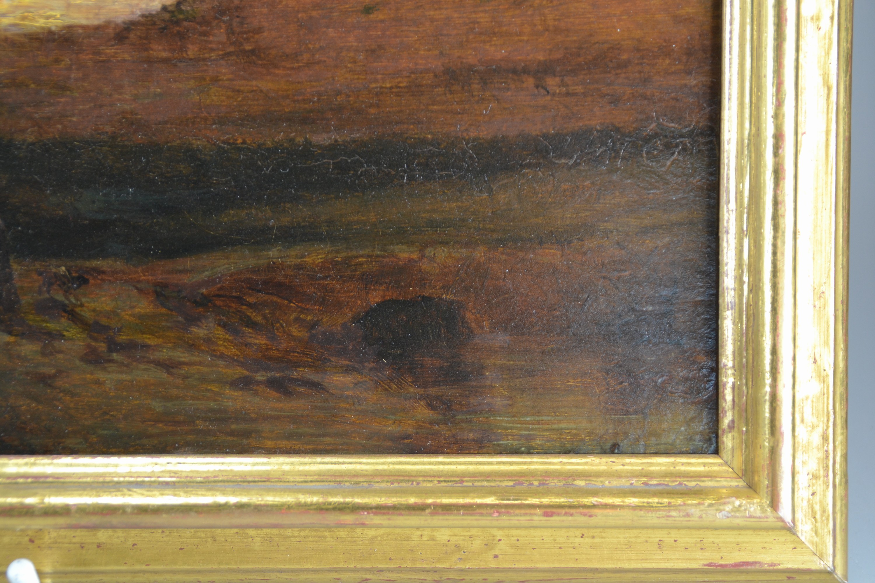 Detail c: Zuschreibung: Adolf Heinrich Lier, 1826-1882 , Abendstimmung über weiter Landschaft mit zwei Personen, Öl/ Holz, unsigniert, verso kleine runde ...