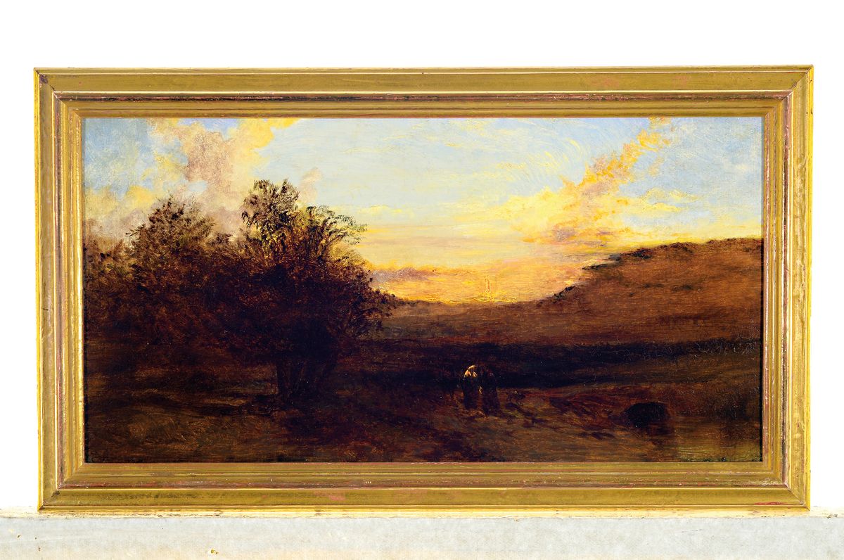 Detail k: Zuschreibung: Adolf Heinrich Lier, 1826-1882 , Abendstimmung über weiter Landschaft mit zwei Personen, Öl/ Holz, unsigniert, verso kleine runde ...