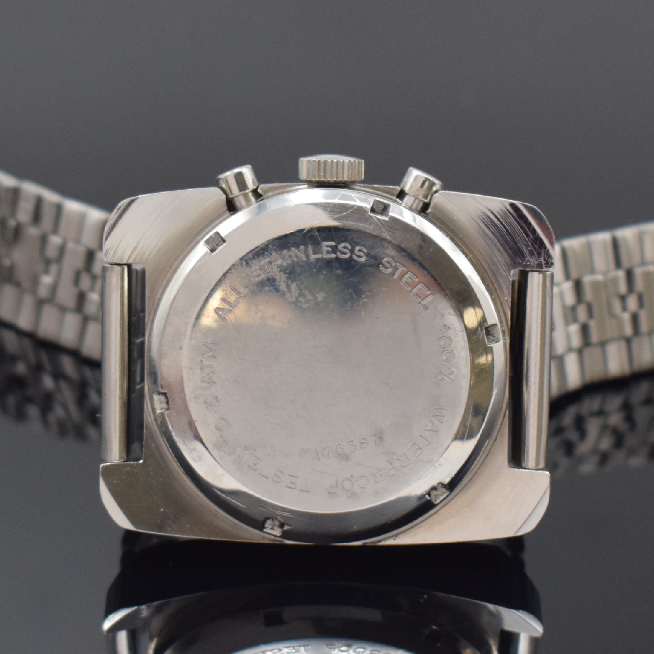 Detail c: KASPER Armbandchronograph, Handaufzug, Schweiz/Frankreich um 1970, Edelstahlgeh. inkl. neutr. Gliederband m. Faltschl., Boden verschr., silb. ...