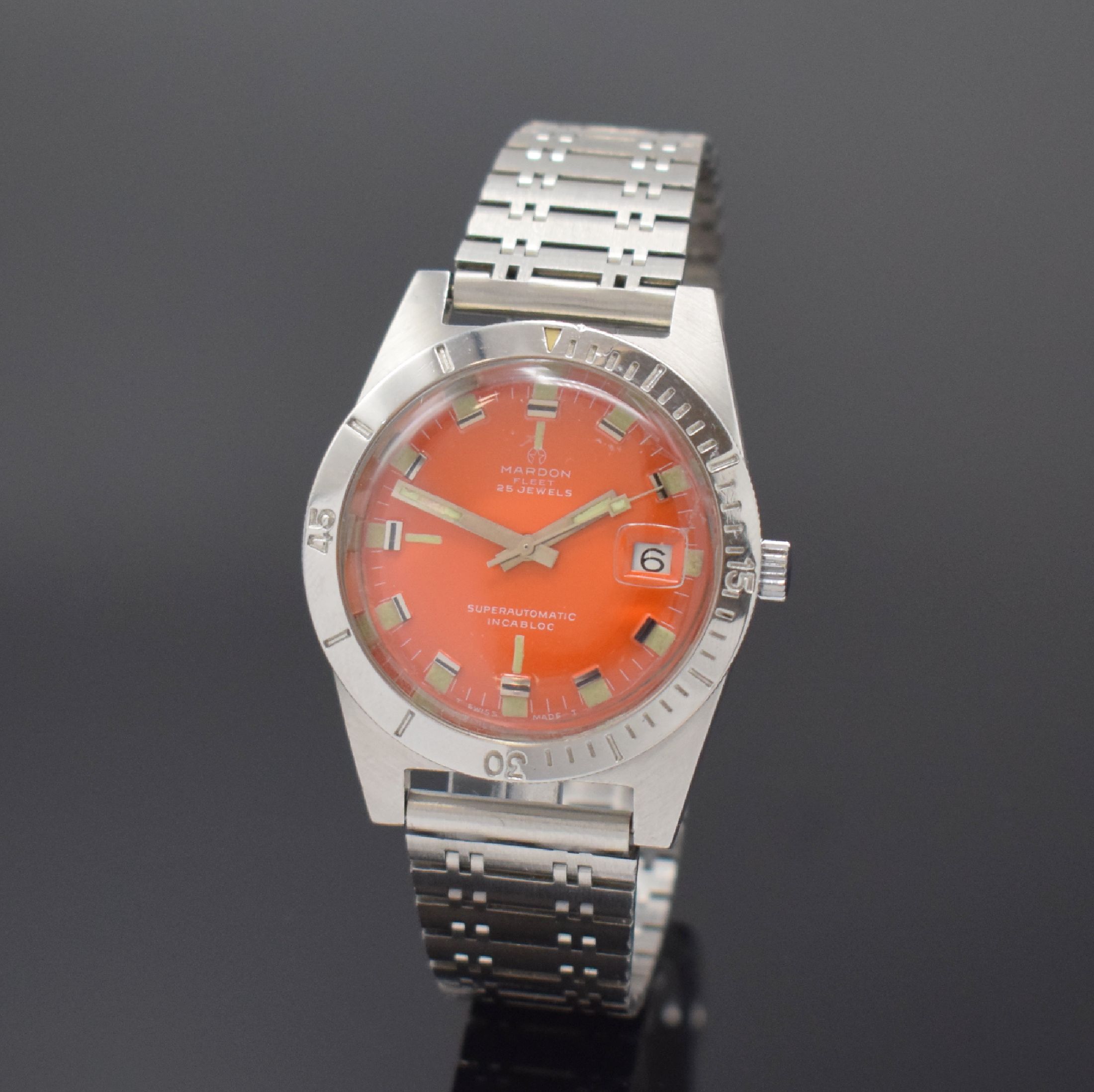 MARDON Fleet Herrenarmbanduhr im Taucherdesign, Automatik, Schweiz um 1970, Edelstahlgeh. inkl. neutr. Gliederband m. Faltschl., Boden verschr., ...