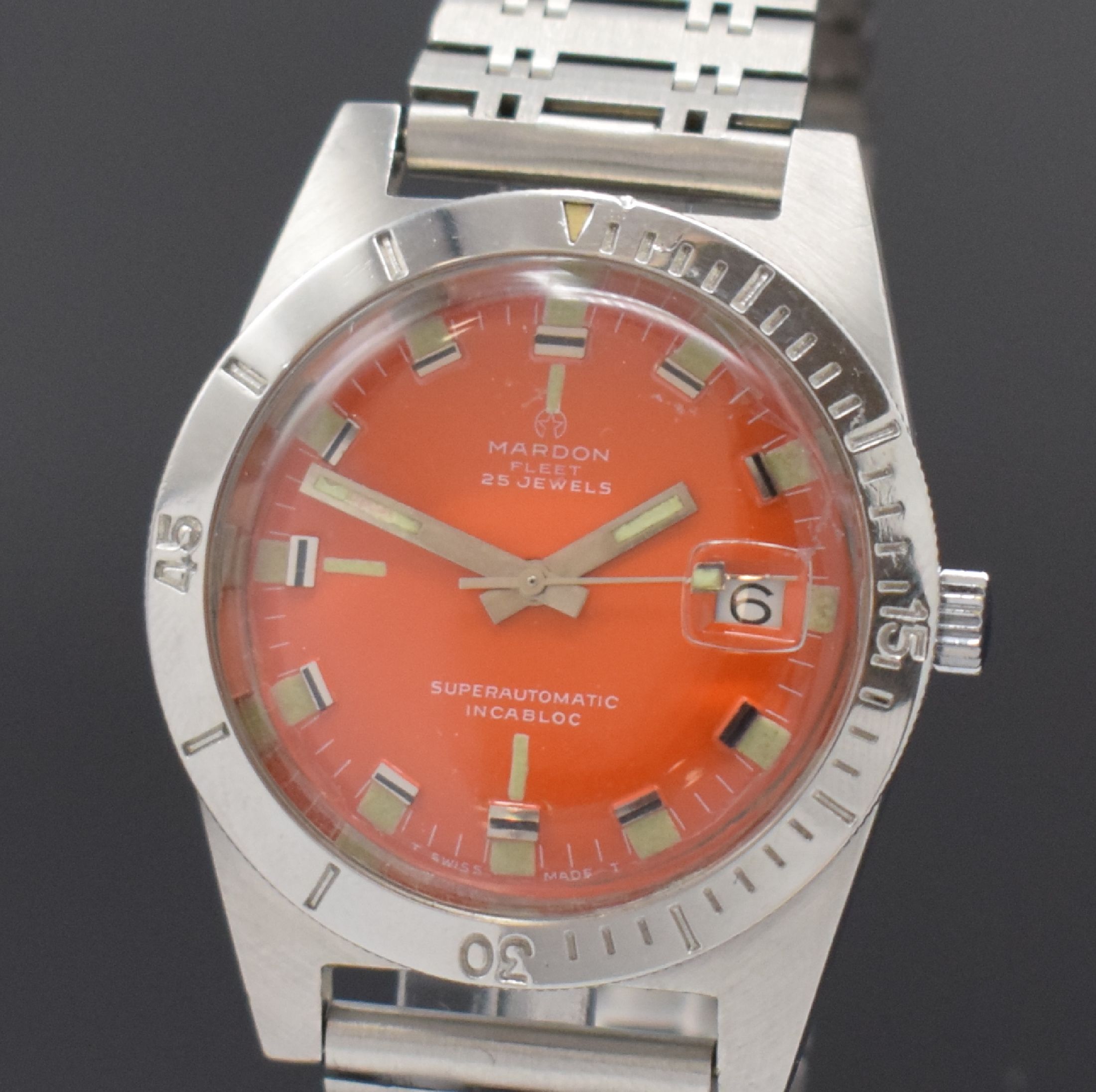 Detail a: MARDON Fleet Herrenarmbanduhr im Taucherdesign, Automatik, Schweiz um 1970, Edelstahlgeh. inkl. neutr. Gliederband m. Faltschl., Boden verschr., ...