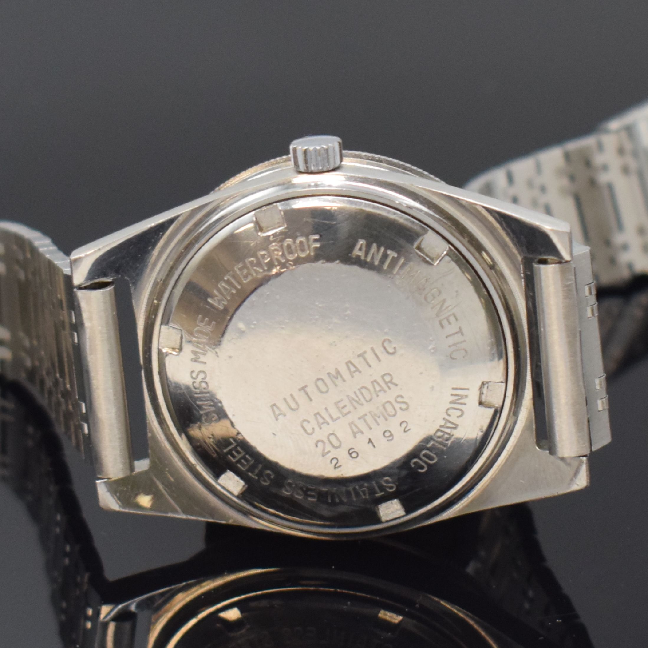 Detail d: MARDON Fleet Herrenarmbanduhr im Taucherdesign, Automatik, Schweiz um 1970, Edelstahlgeh. inkl. neutr. Gliederband m. Faltschl., Boden verschr., ...