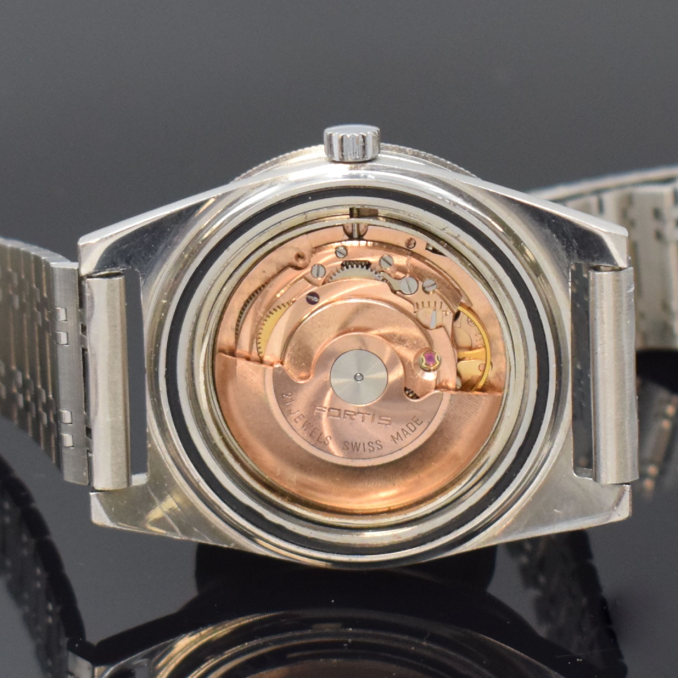 Detail e: MARDON Fleet Herrenarmbanduhr im Taucherdesign, Automatik, Schweiz um 1970, Edelstahlgeh. inkl. neutr. Gliederband m. Faltschl., Boden verschr., ...