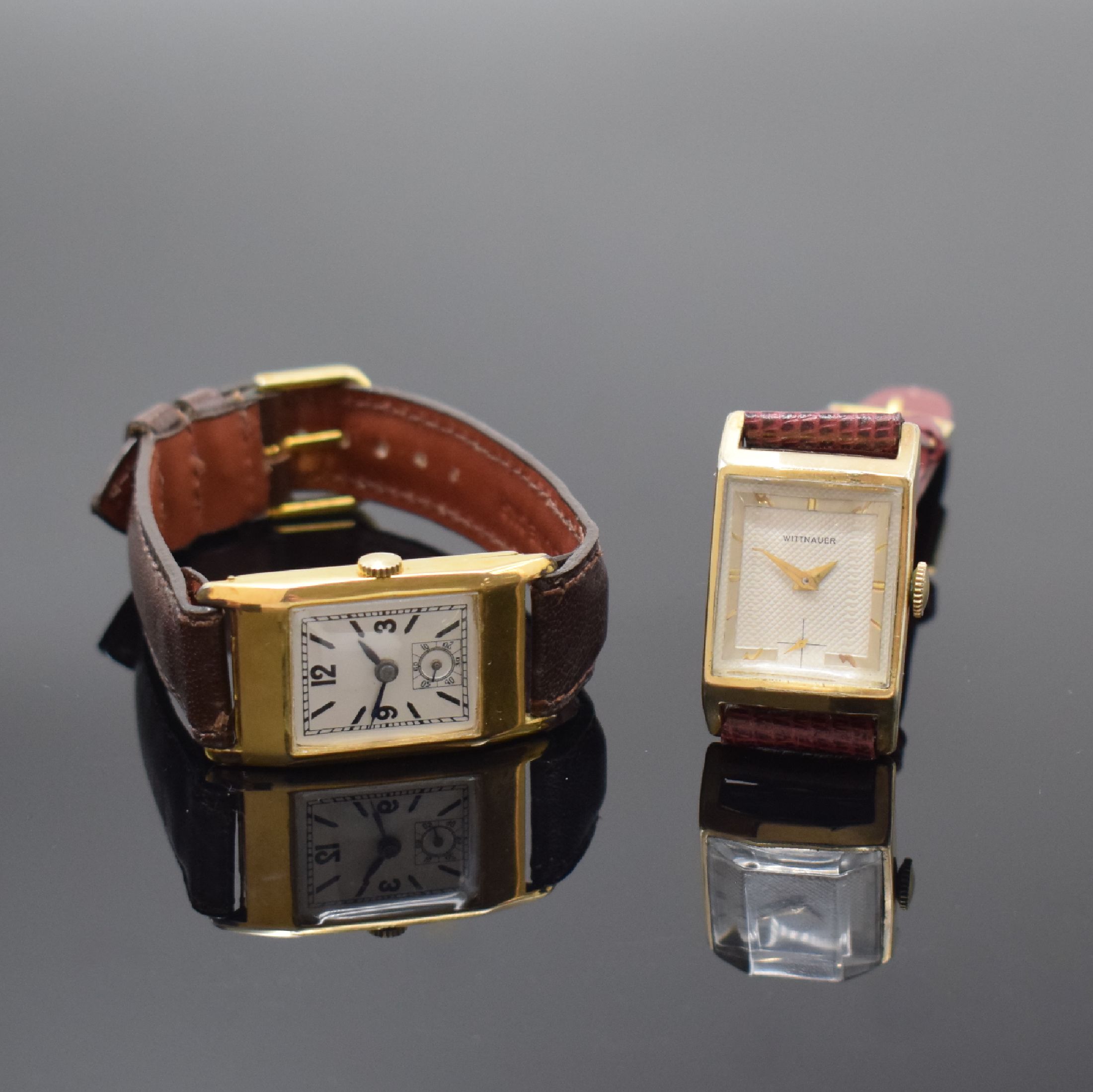 WITTNAUER / ROTARY 2 rechteckige Armbanduhren in 9k Gold und goldfilled, England / USA mit schweizer Werken, um 1940, Handaufzug, 1) Rotary, ...