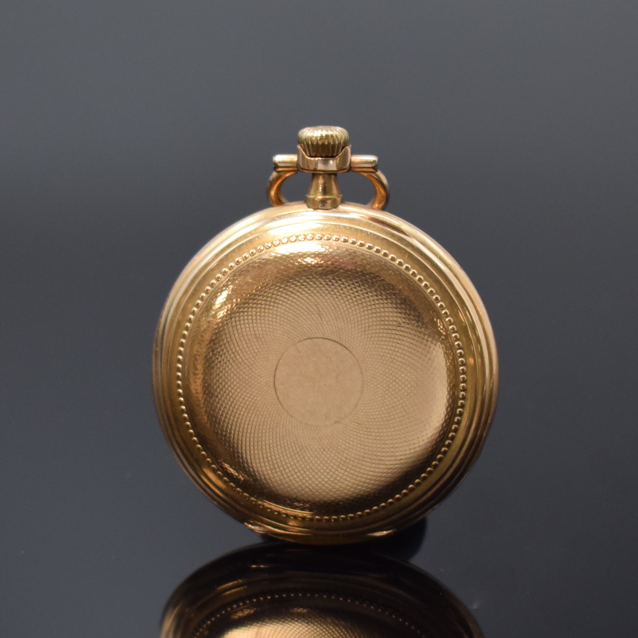 Detail a: NOMOS offene vergoldete Taschenuhr, Deutschland um 1910, verg. Geh. dell., guill. Rückdeckel, verg. Cuvette, Emailzifferbl. riss., sign. ...