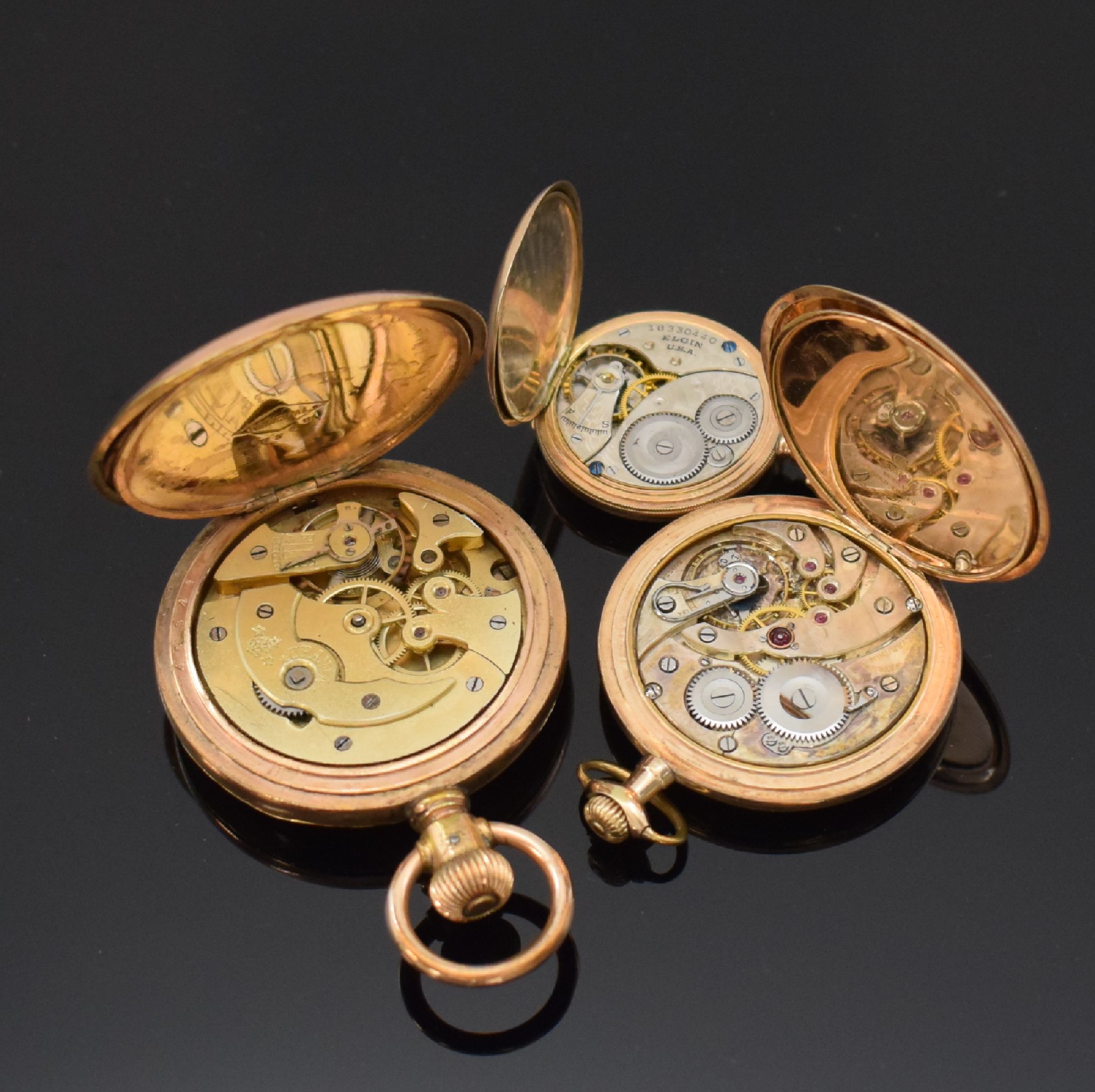 Detail f: ELGIN, URANIA und GRUEN 2 vergoldete Savonette Taschenuhren und 1 offene Taschenuhr, Schweiz/USA um 1900-1915, Geh. teils dell., 1x guill. Sprung- u. ...
