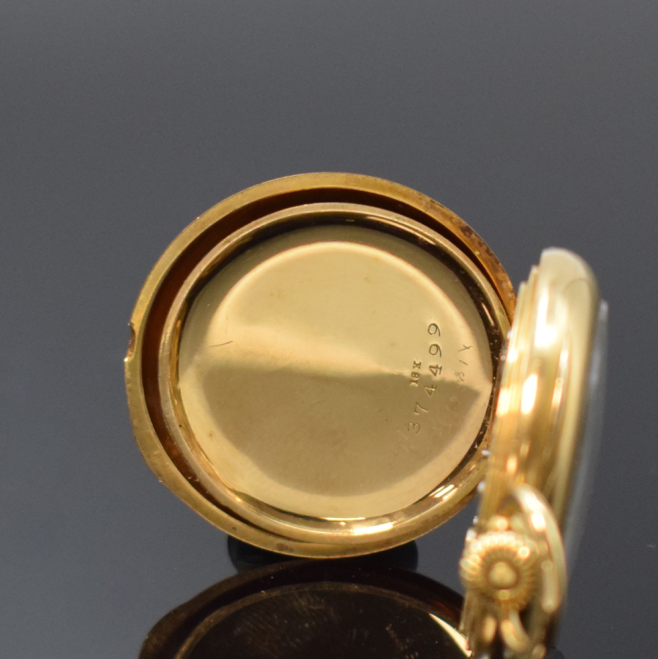 Detail d: WRIGHT KAY & Co / PATEK PHILIPPE kleine offene Taschenuhr in GG 750/000, Schweiz/USA um 1913, glattes 3-Deckel Goldgeh. dell., Rückdeckel m. ...