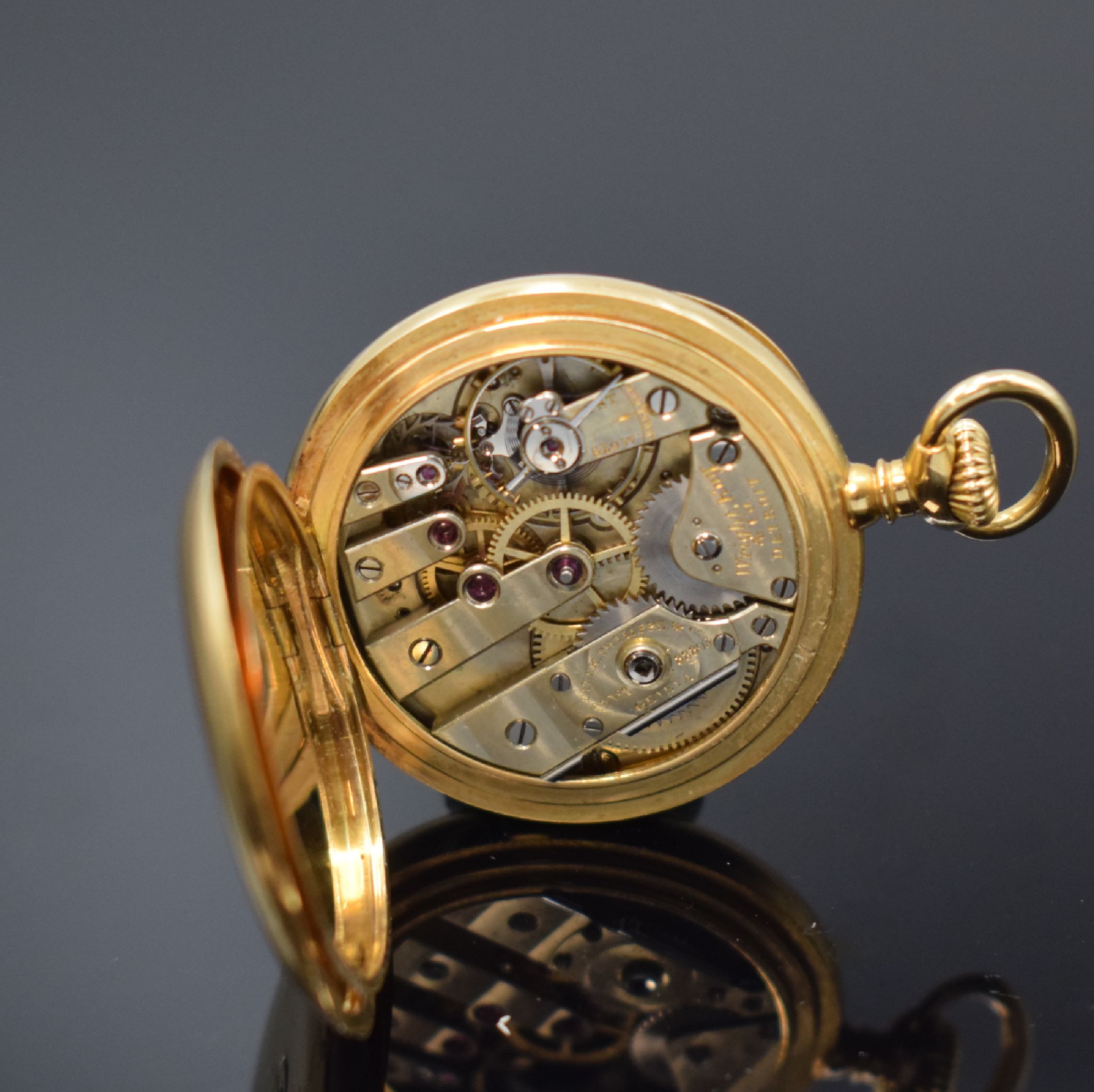 Detail e: WRIGHT KAY & Co / PATEK PHILIPPE kleine offene Taschenuhr in GG 750/000, Schweiz/USA um 1913, glattes 3-Deckel Goldgeh. dell., Rückdeckel m. ...