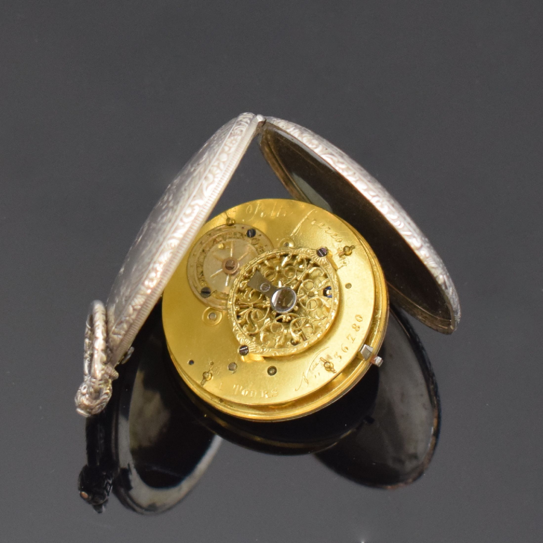 Detail d: D.D. NEVEREN, POLTI FRERES und JOHN SMITH 3 Spindeltaschenuhren, England/Frankreich um 1800-1830, 1) D.D. Neveren, Silbergeh. dell., grav. Übergeh. ...