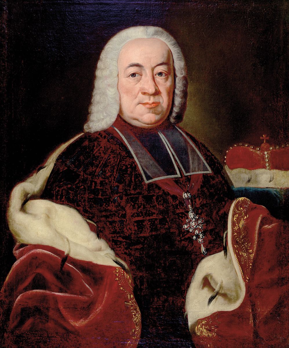 Porträt Philipp Karl von Eltz-Kempenich (1665 -1743), Erzbischof und Kurfürst von Mainz, Mitte 19.Jh., Herrscherporträt mit Insignien, Hüftbild, ...