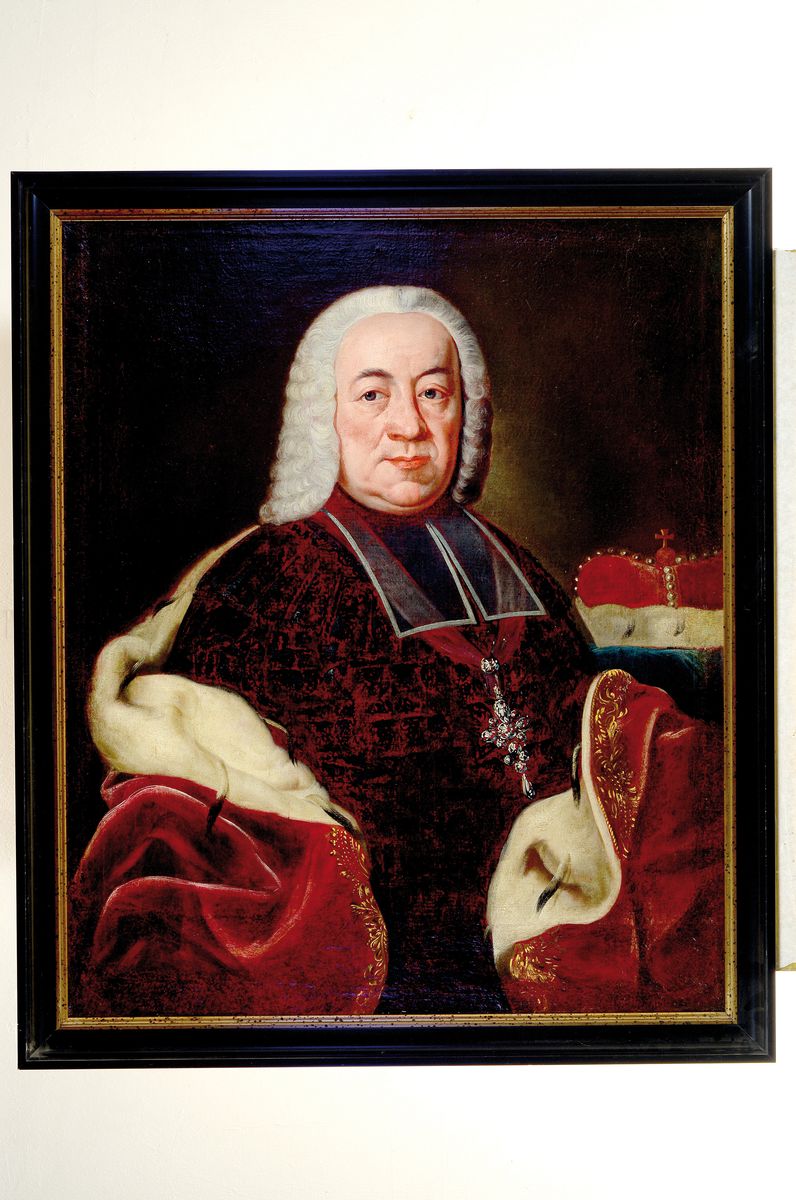 Detail k: Porträt Philipp Karl von Eltz-Kempenich (1665 -1743), Erzbischof und Kurfürst von Mainz, Mitte 19.Jh., Herrscherporträt mit Insignien, Hüftbild, ...