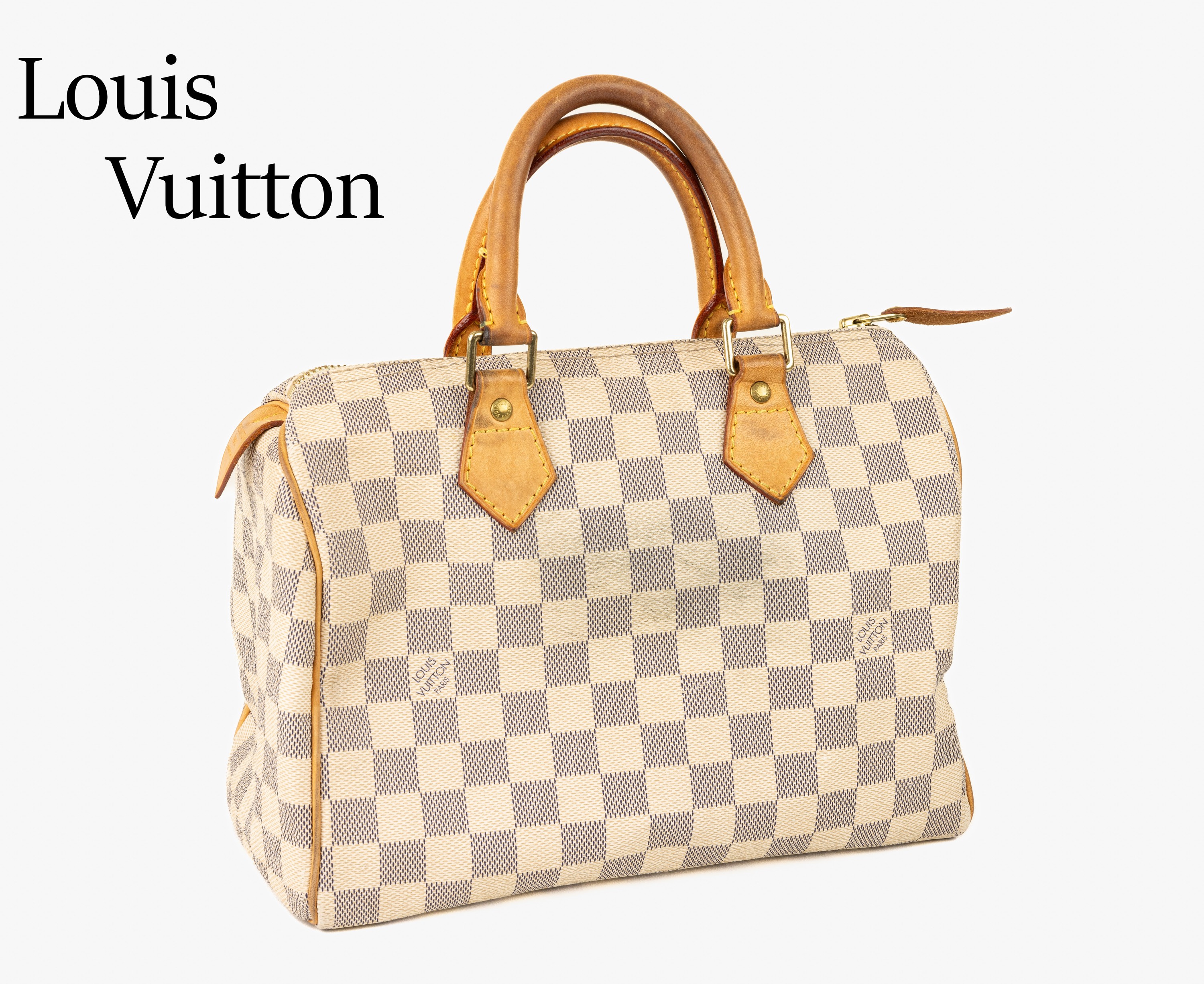 LOUIS VUITTON Handtasche, Speedy 25, DamierAzur, 2 Tragehenkel naturfarb. Leder, innen beigefarb. Leinenstoff, ca. 25 x 20 x 15 cm, Gebr.-Spuren, ...