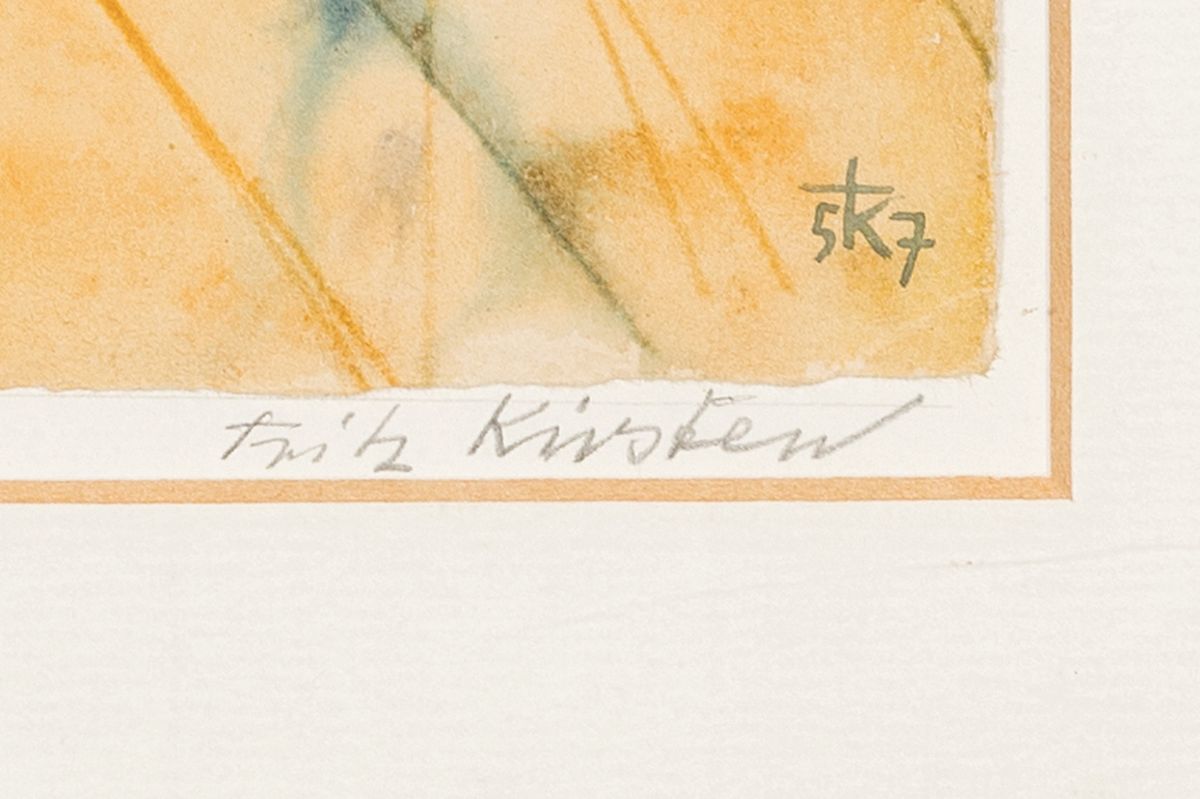 Detail g: Fritz Kirsten, 1903 Sangerhausen, 2 Arbeiten, Aquarell "Zeitenwende", 1957, 21x28 cm, unter Glas 39x44 cm; Öl/Karton, abstrakte ...