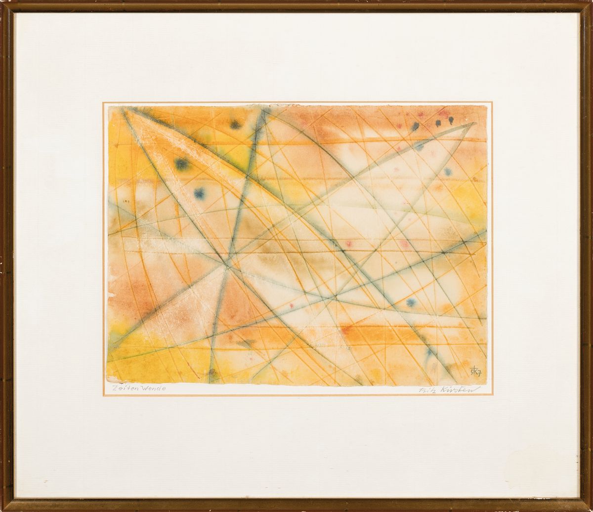 Detail m: Fritz Kirsten, 1903 Sangerhausen, 2 Arbeiten, Aquarell "Zeitenwende", 1957, 21x28 cm, unter Glas 39x44 cm; Öl/Karton, abstrakte ...