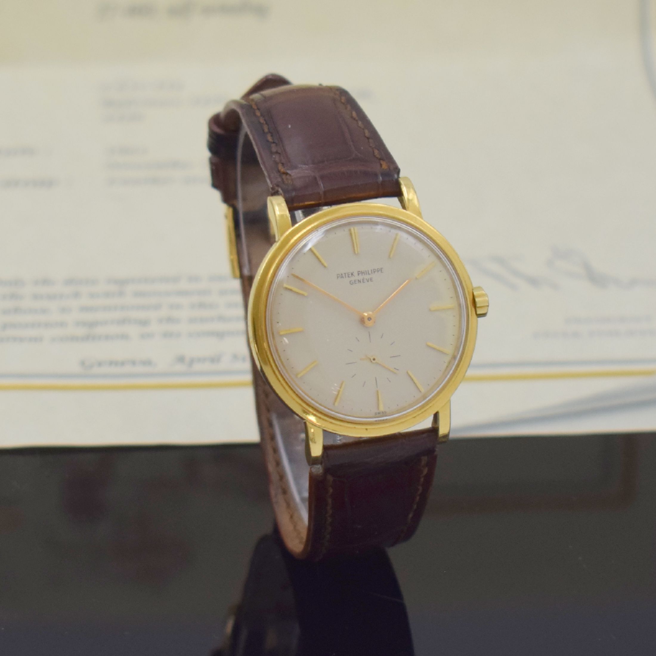 Detail d: PATEK PHILIPPE Herrenarmbanduhr in GG 750/000 Referenz 3429, Automatik, 2-teil. Geh. inkl. PPC Lederband m. 18k Gold PPC Dornschl., Boden verschr., ...