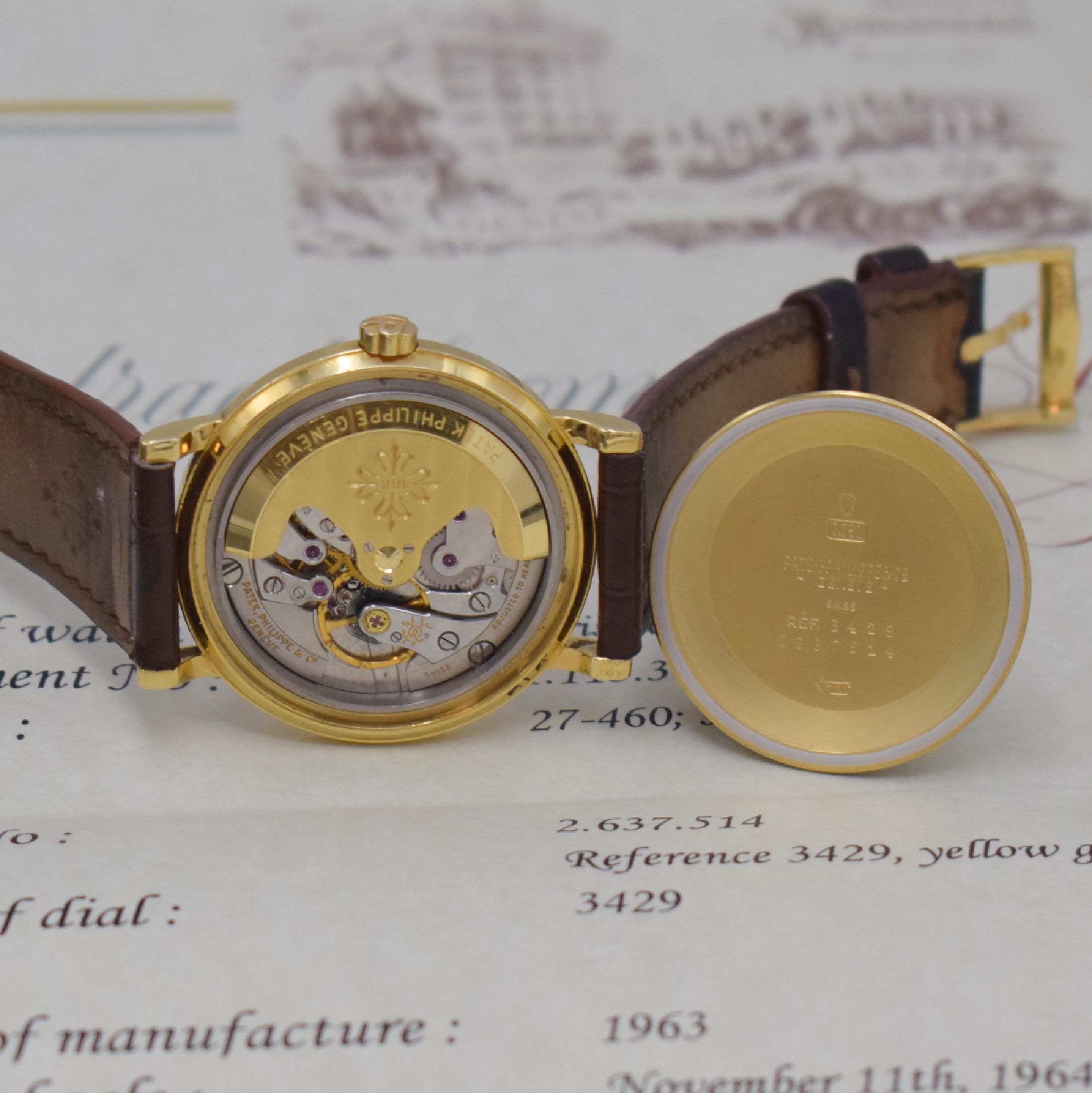 Detail e: PATEK PHILIPPE Herrenarmbanduhr in GG 750/000 Referenz 3429, Automatik, 2-teil. Geh. inkl. PPC Lederband m. 18k Gold PPC Dornschl., Boden verschr., ...