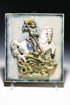 Image 26737276 - Ceramic relief image, Max Heinze (1883-1966), Karlsruhe majolica, colored glaze, St. George as a dragon slayer, signed, company stamp on the reverse, 38x33 cm