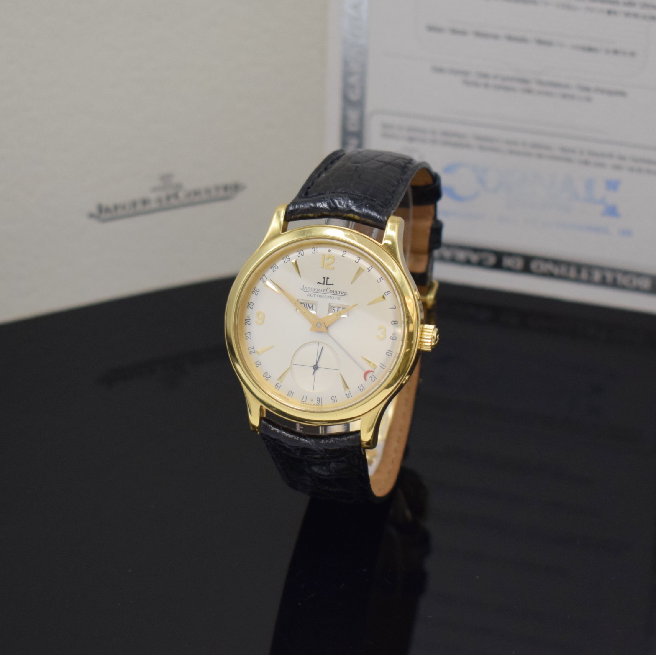 Jaeger-LeCoultre Herrenarmbanduhr Master Control in GG 750/000 Referenz 140.8.87, Automatik, Schweiz um 1990, Boden 4-fach verschr., orig. Lederband ...