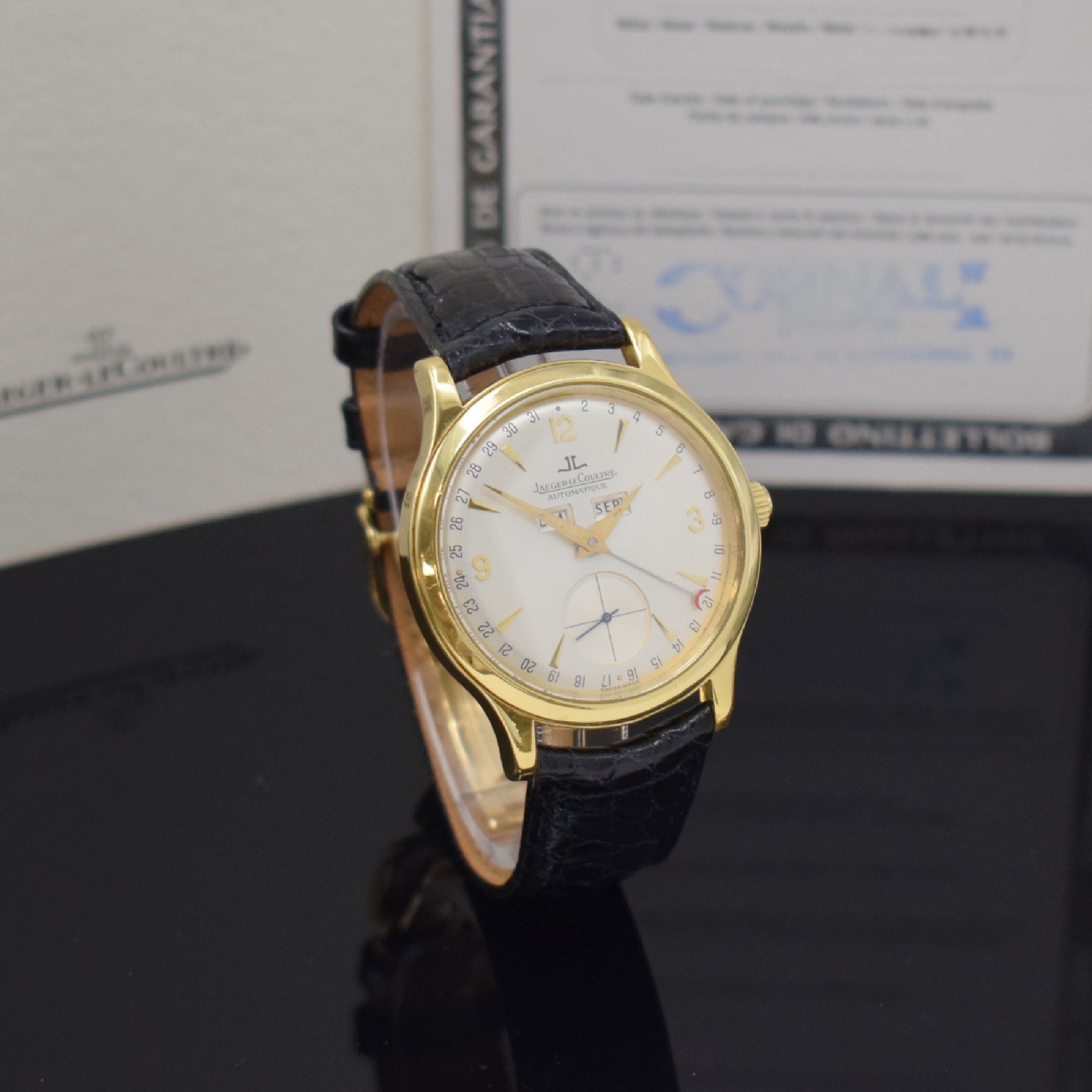 Detail c: Jaeger-LeCoultre Herrenarmbanduhr Master Control in GG 750/000 Referenz 140.8.87, Automatik, Schweiz um 1990, Boden 4-fach verschr., orig. Lederband ...