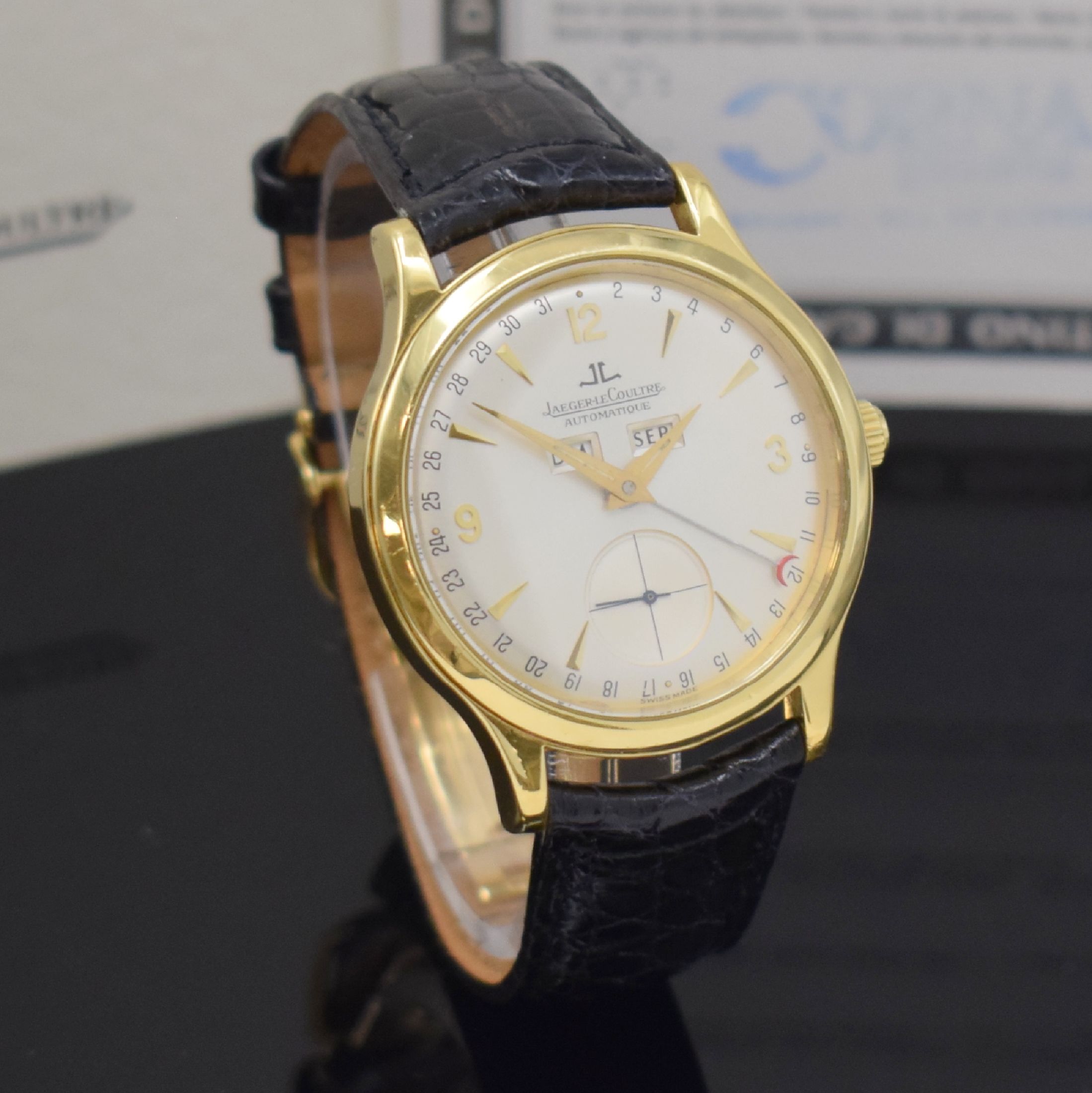 Detail d: Jaeger-LeCoultre Herrenarmbanduhr Master Control in GG 750/000 Referenz 140.8.87, Automatik, Schweiz um 1990, Boden 4-fach verschr., orig. Lederband ...
