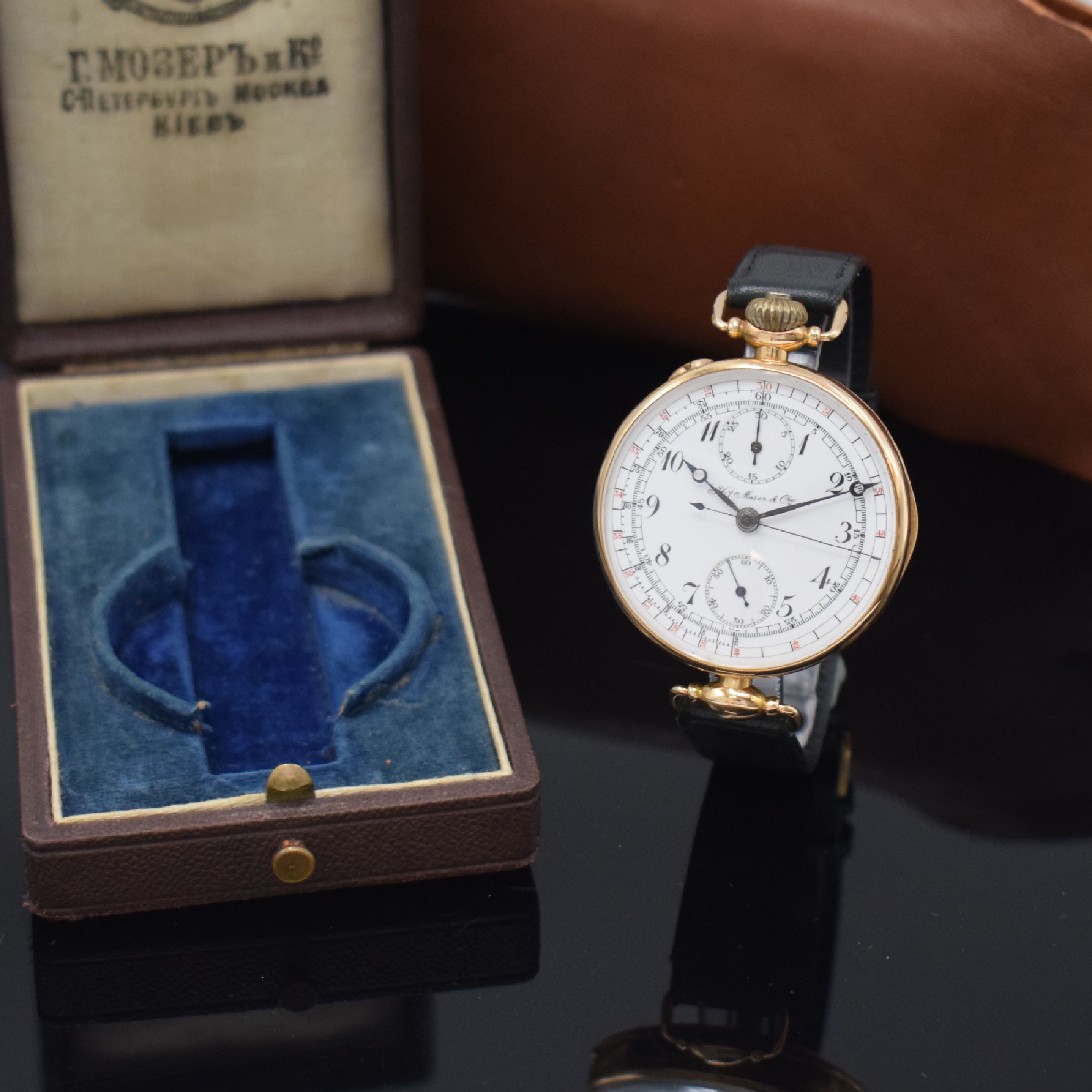 Hy MOSER & Cie. sehr seltener früher großer Schaltradchronograph in RG 585/000 mit original Etui, Schweiz um 1932, Handaufzug, glattes ...