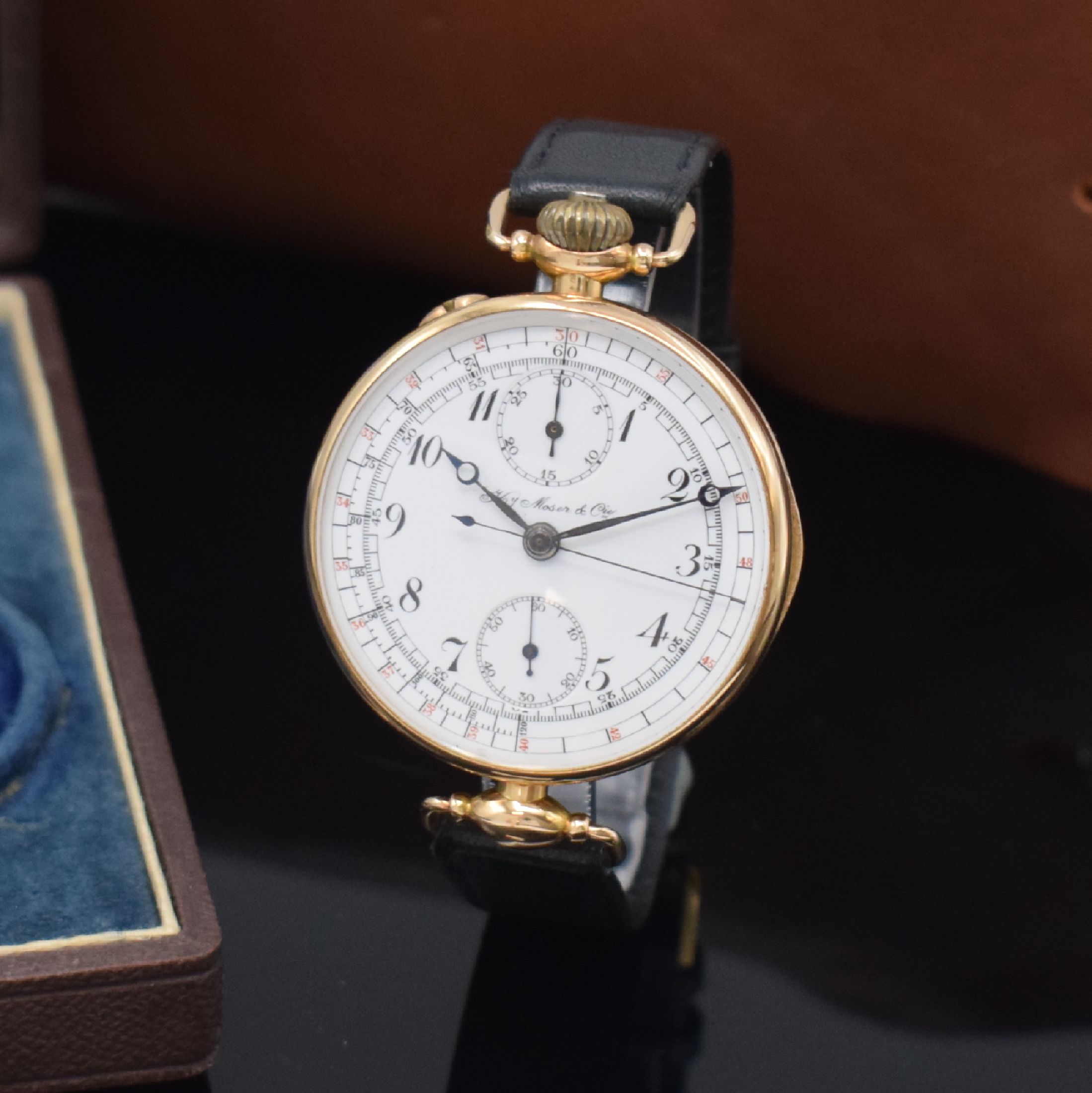 Detail a: Hy MOSER & Cie. sehr seltener früher großer Schaltradchronograph in RG 585/000 mit original Etui, Schweiz um 1932, Handaufzug, glattes ...