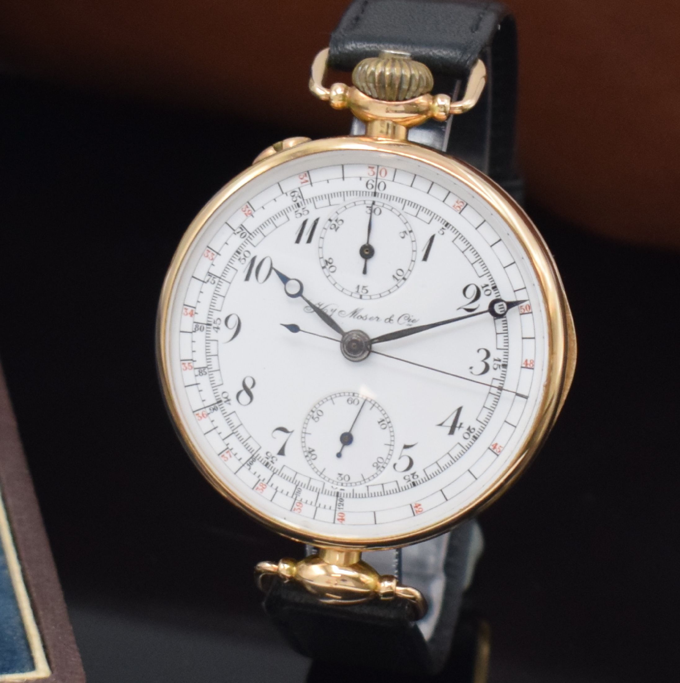 Detail b: Hy MOSER & Cie. sehr seltener früher großer Schaltradchronograph in RG 585/000 mit original Etui, Schweiz um 1932, Handaufzug, glattes ...