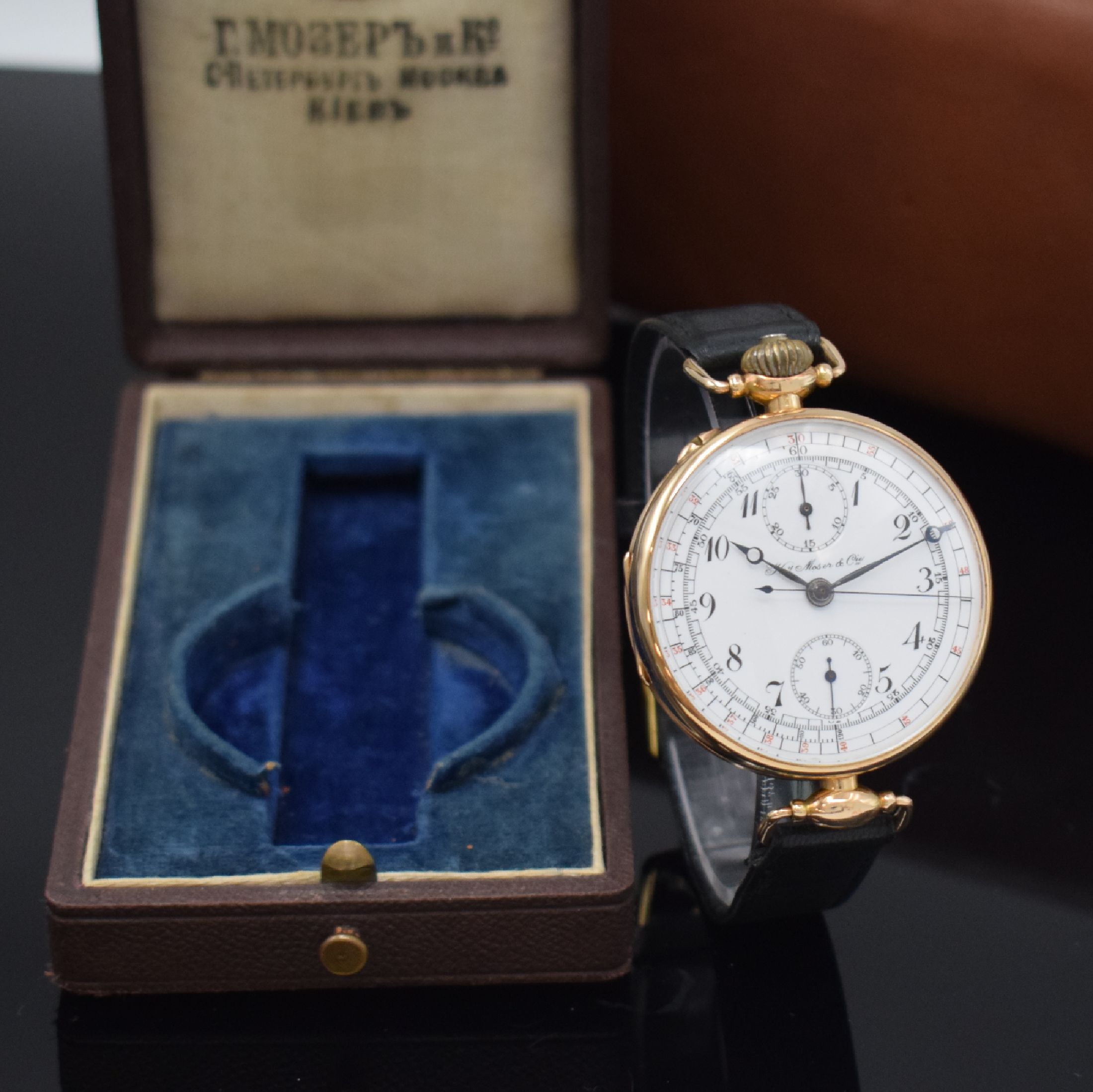 Detail c: Hy MOSER & Cie. sehr seltener früher großer Schaltradchronograph in RG 585/000 mit original Etui, Schweiz um 1932, Handaufzug, glattes ...