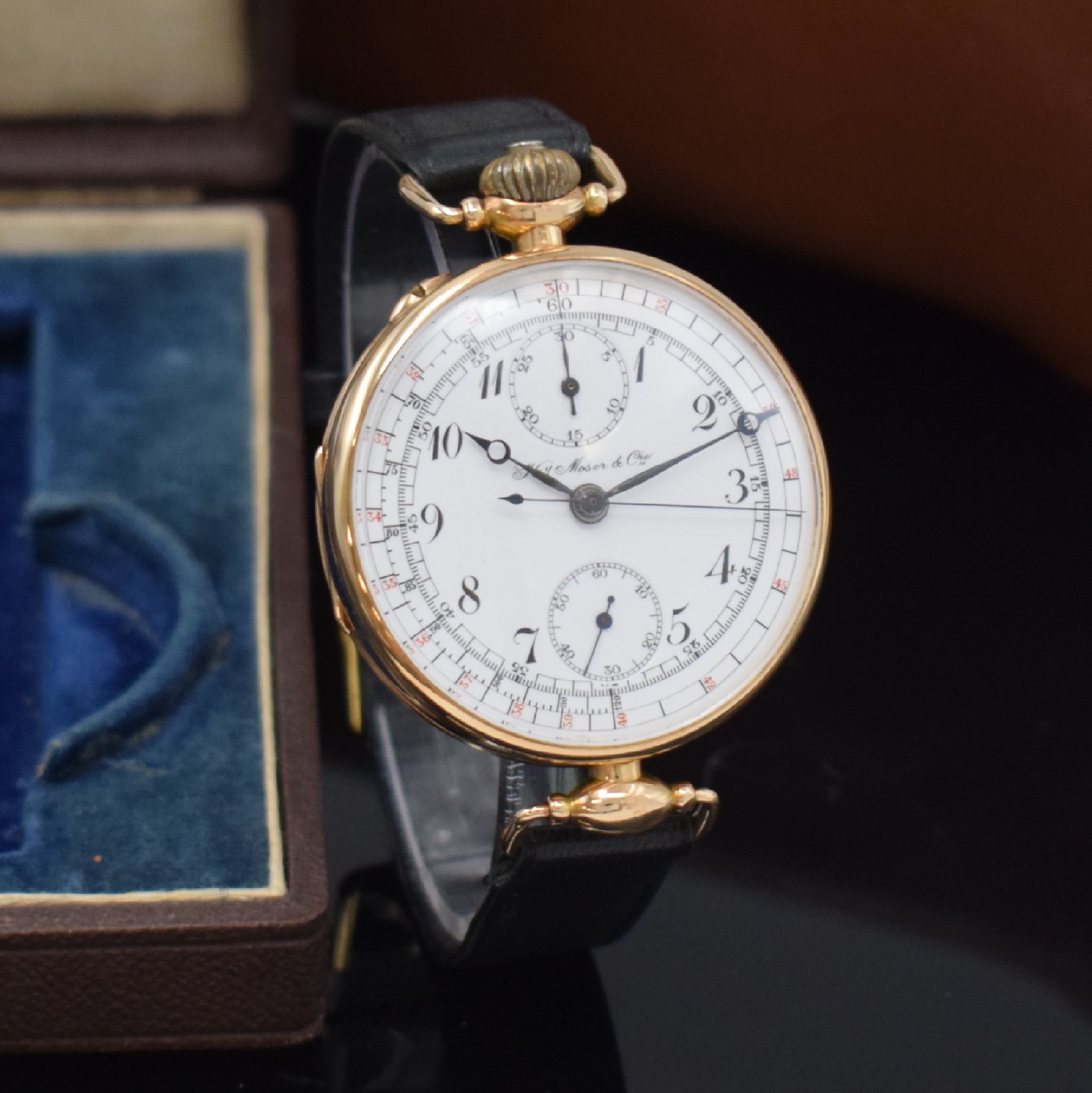Detail d: Hy MOSER & Cie. sehr seltener früher großer Schaltradchronograph in RG 585/000 mit original Etui, Schweiz um 1932, Handaufzug, glattes ...