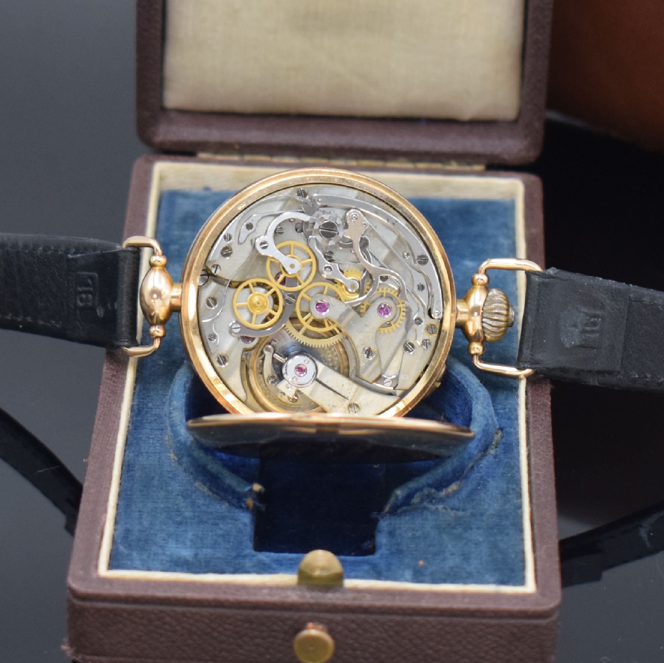 Detail j: Hy MOSER & Cie. sehr seltener früher großer Schaltradchronograph in RG 585/000 mit original Etui, Schweiz um 1932, Handaufzug, glattes ...