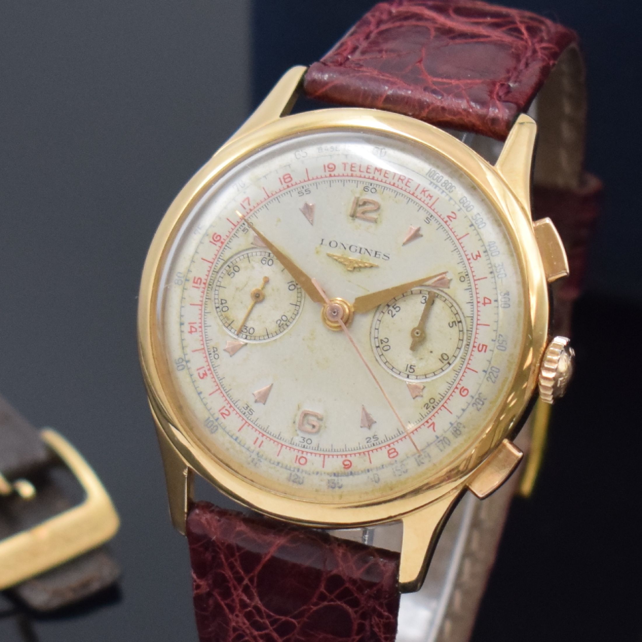 Detail b: LONGINES 30CH großer Flyback- Schaltradchronograph in RoseG 750/000 Referenz 5967, Handaufzug, Schweiz um 1955, 3-teil. Geh., Boden und Glasrand ...