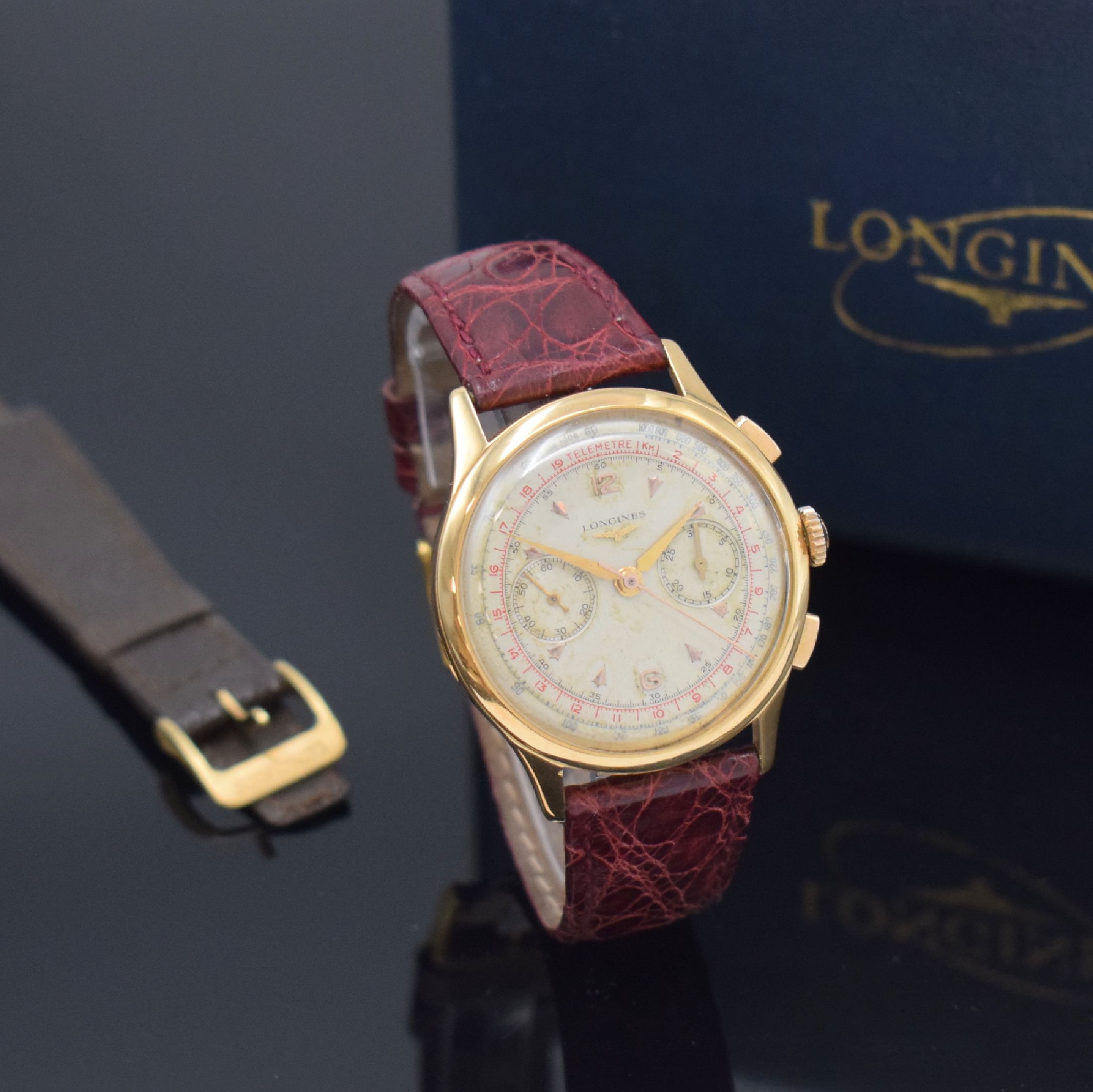 Detail c: LONGINES 30CH großer Flyback- Schaltradchronograph in RoseG 750/000 Referenz 5967, Handaufzug, Schweiz um 1955, 3-teil. Geh., Boden und Glasrand ...