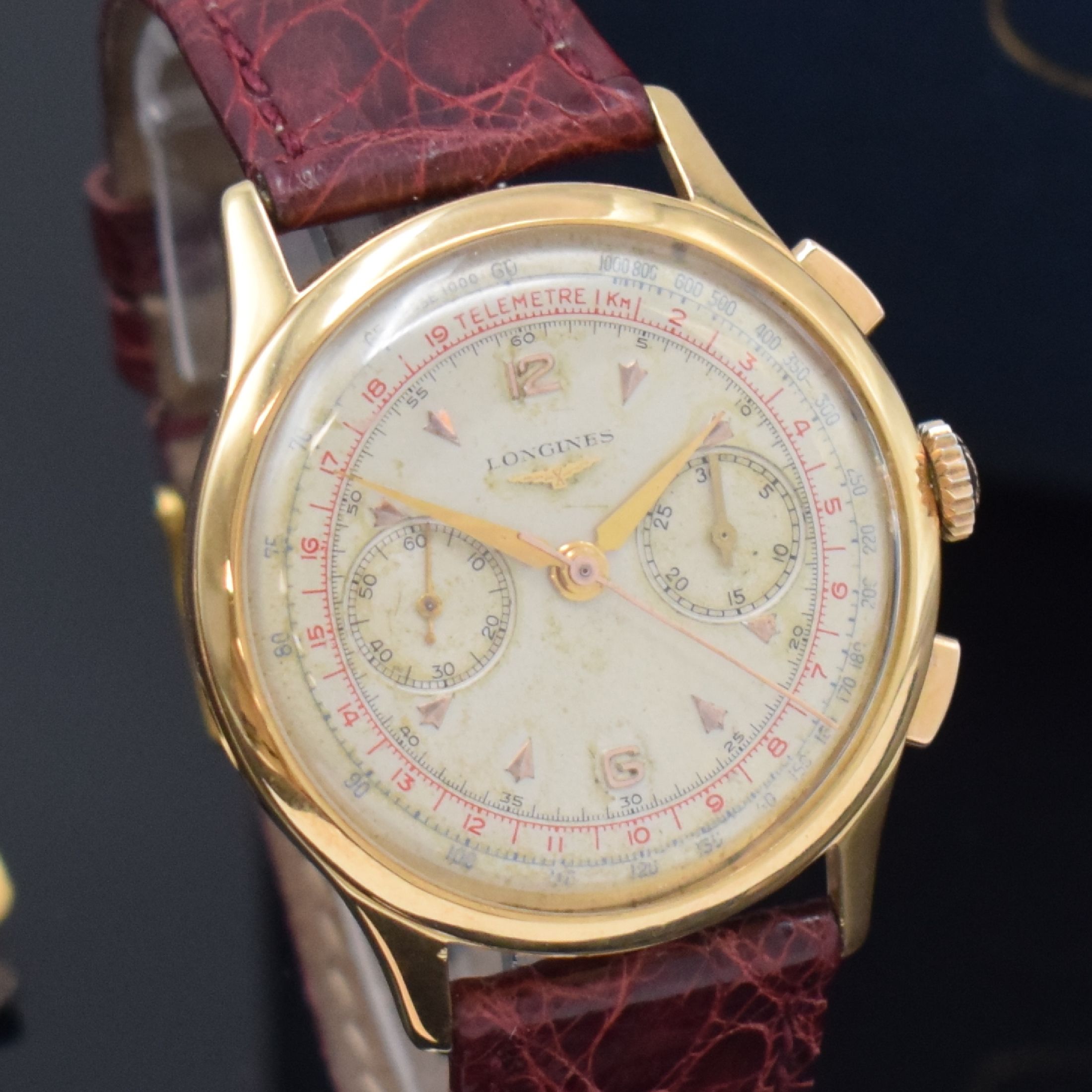 Detail e: LONGINES 30CH großer Flyback- Schaltradchronograph in RoseG 750/000 Referenz 5967, Handaufzug, Schweiz um 1955, 3-teil. Geh., Boden und Glasrand ...