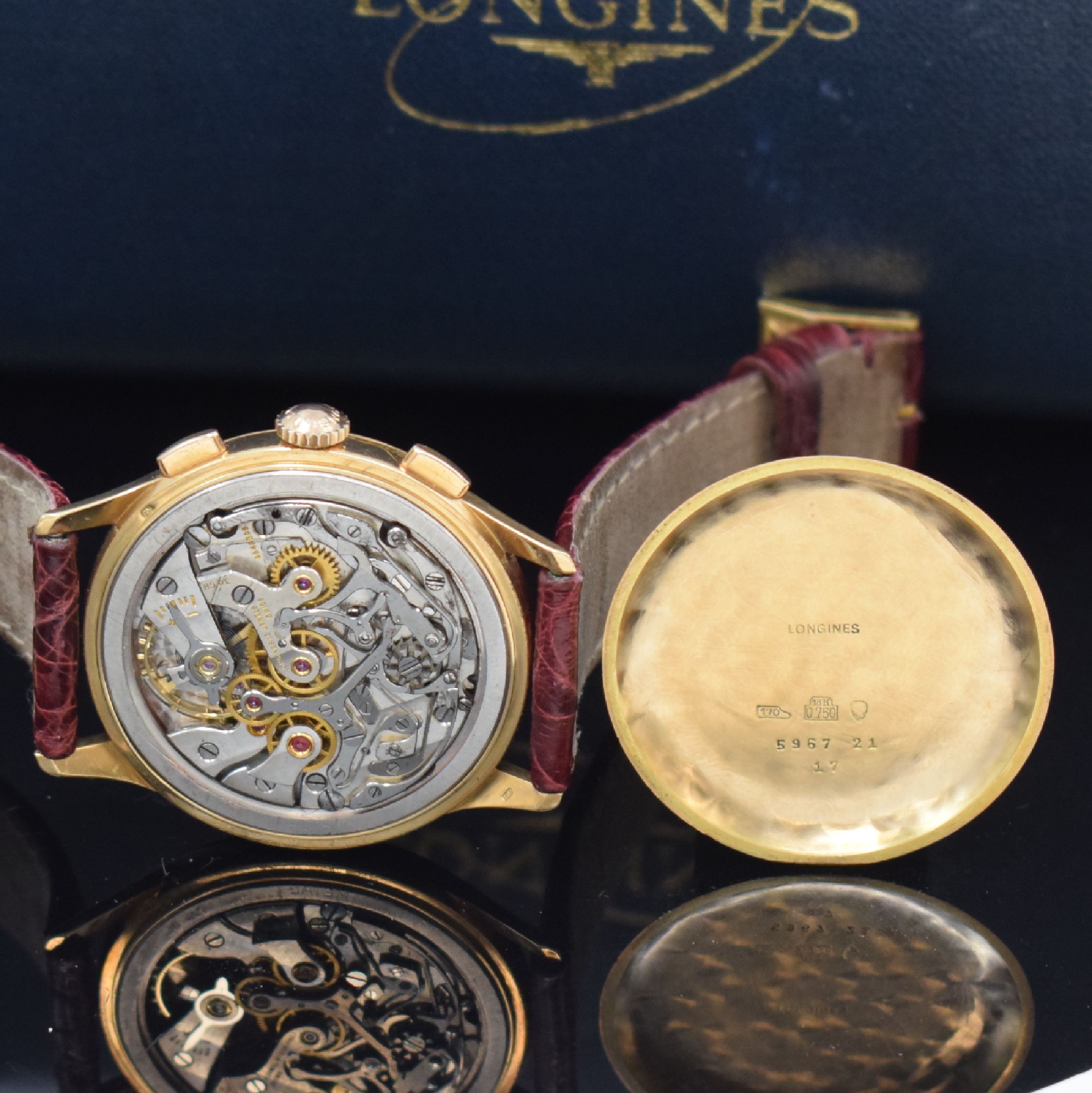 Detail f: LONGINES 30CH großer Flyback- Schaltradchronograph in RoseG 750/000 Referenz 5967, Handaufzug, Schweiz um 1955, 3-teil. Geh., Boden und Glasrand ...