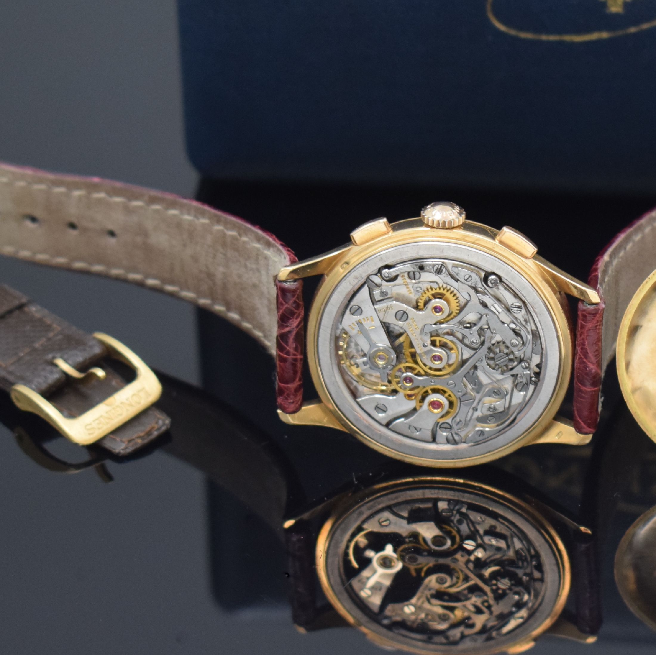 Detail g: LONGINES 30CH großer Flyback- Schaltradchronograph in RoseG 750/000 Referenz 5967, Handaufzug, Schweiz um 1955, 3-teil. Geh., Boden und Glasrand ...