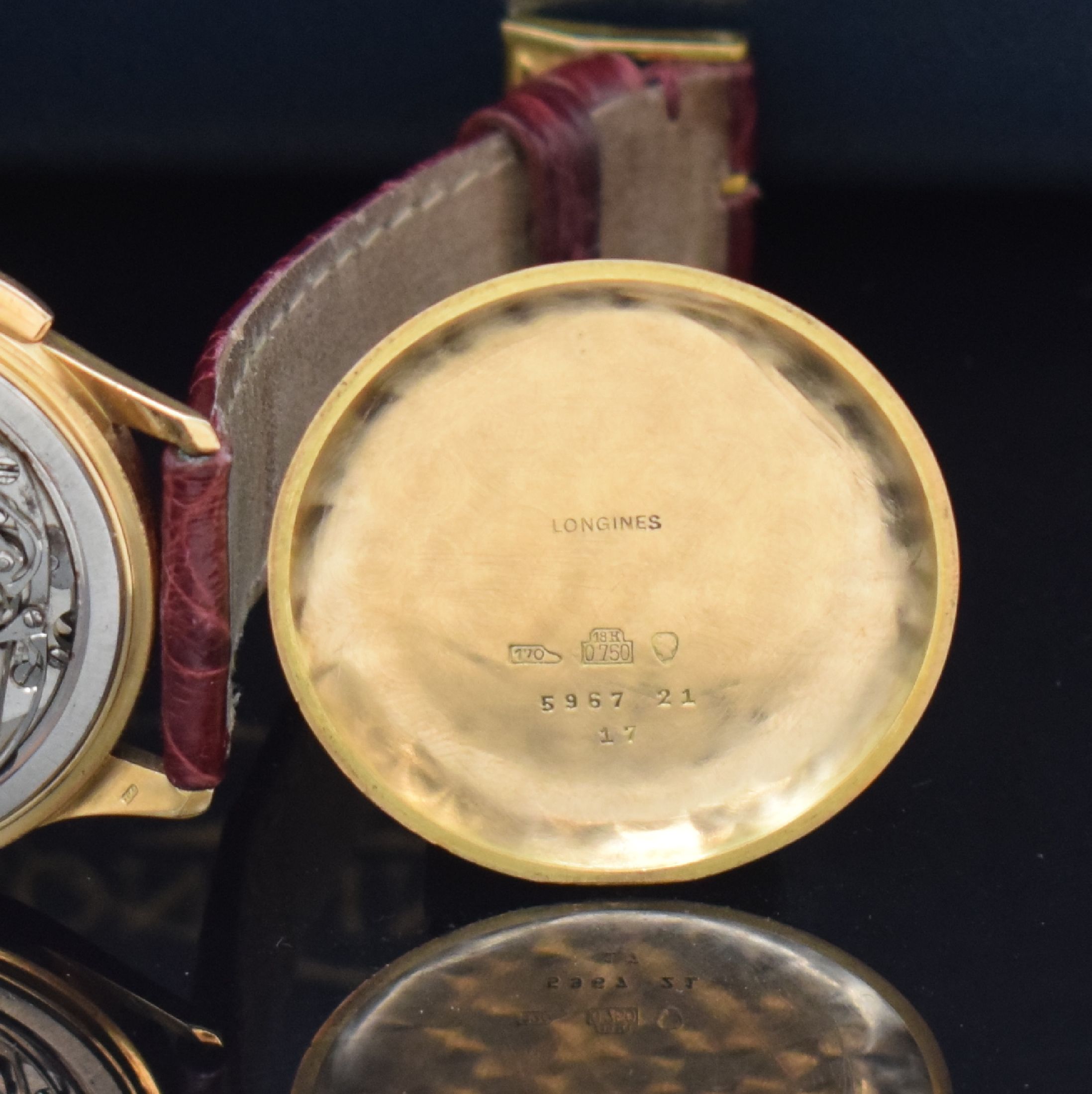Detail h: LONGINES 30CH großer Flyback- Schaltradchronograph in RoseG 750/000 Referenz 5967, Handaufzug, Schweiz um 1955, 3-teil. Geh., Boden und Glasrand ...