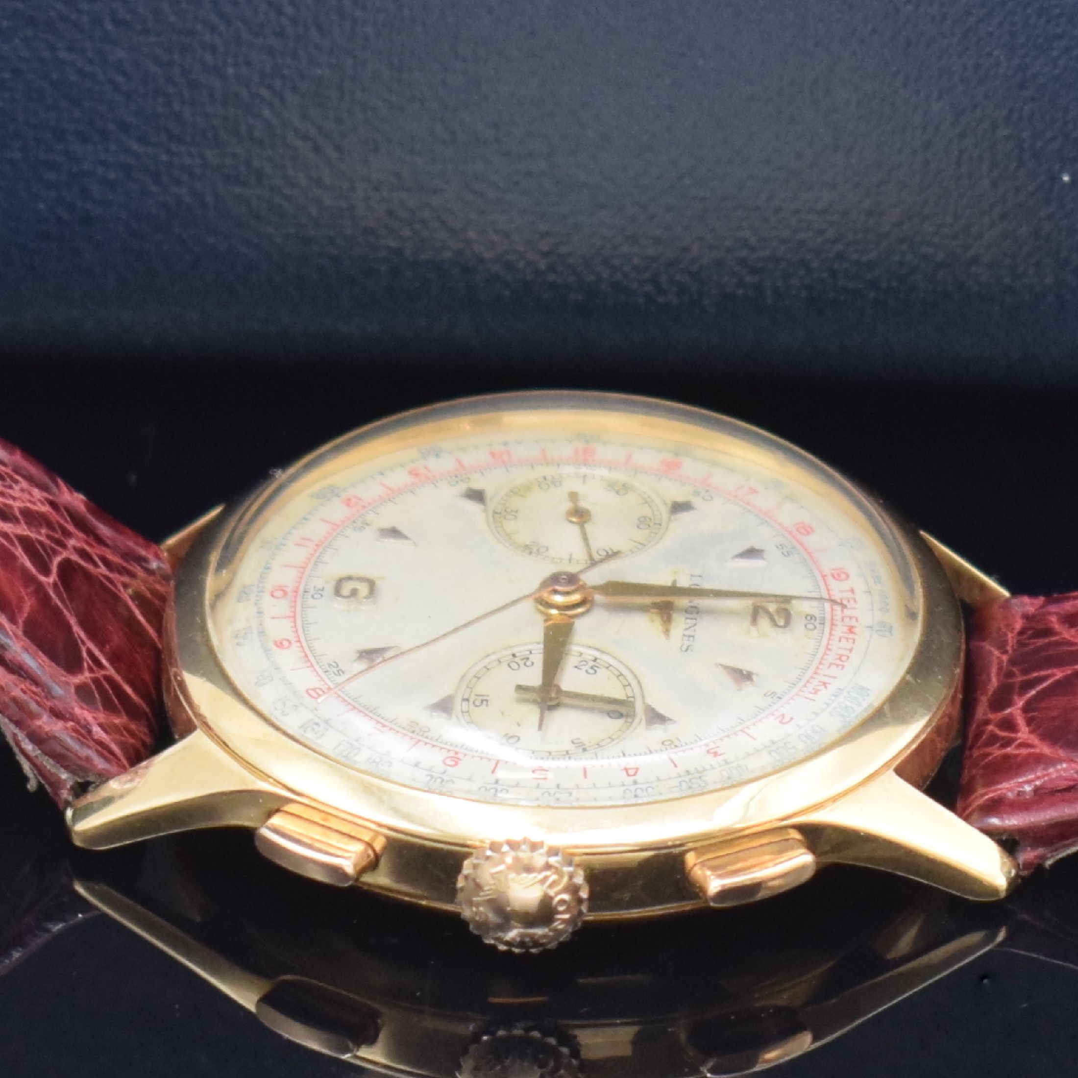 Detail i: LONGINES 30CH großer Flyback- Schaltradchronograph in RoseG 750/000 Referenz 5967, Handaufzug, Schweiz um 1955, 3-teil. Geh., Boden und Glasrand ...