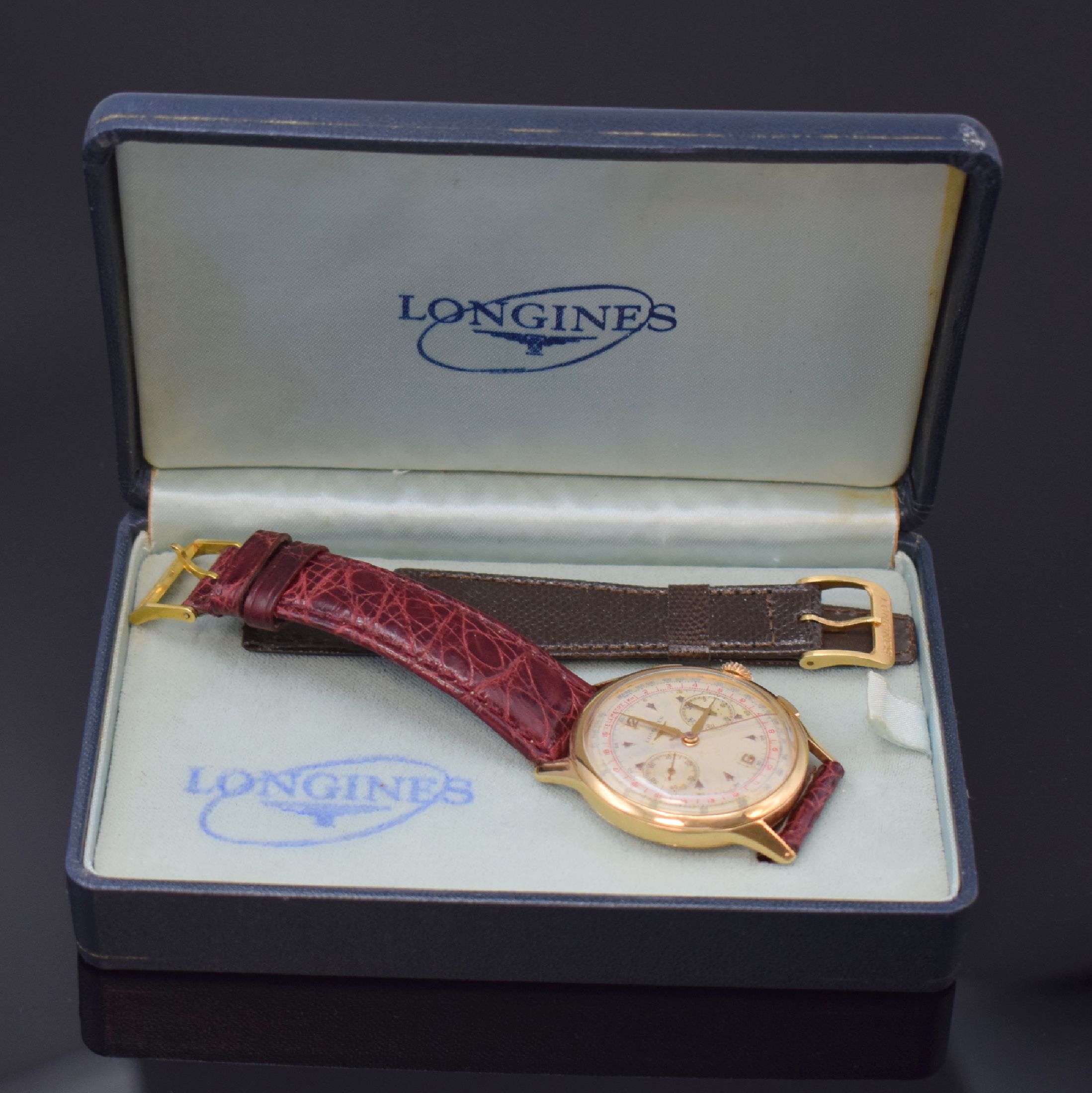 Detail j: LONGINES 30CH großer Flyback- Schaltradchronograph in RoseG 750/000 Referenz 5967, Handaufzug, Schweiz um 1955, 3-teil. Geh., Boden und Glasrand ...