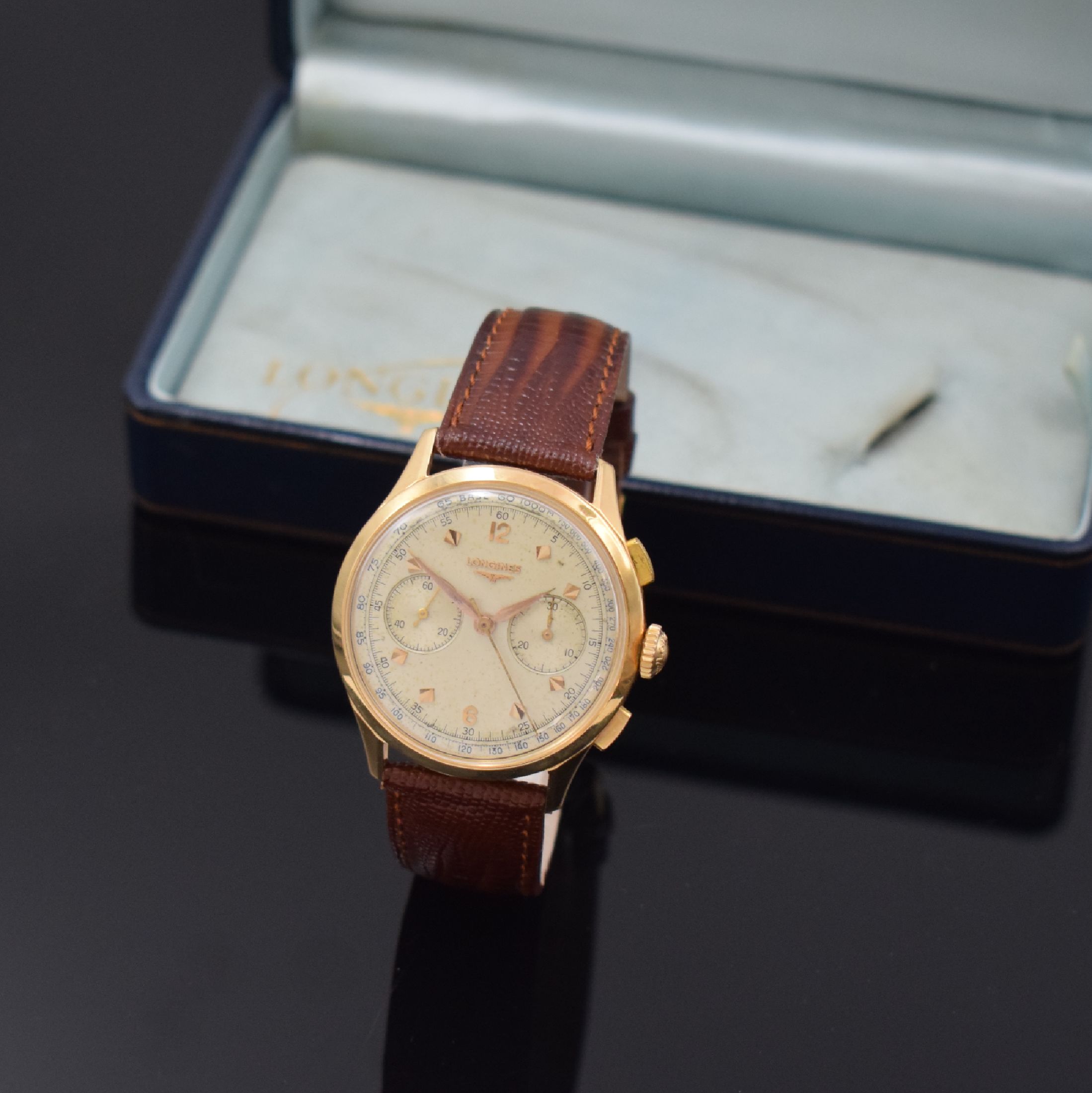 LONGINES 30CH großer Flyback- Schaltradchronograph in RoseG 750/000 Referenz 5967, Handaufzug, Schweiz um 1957, 3-teil. Geh., Boden und Glasrand ...