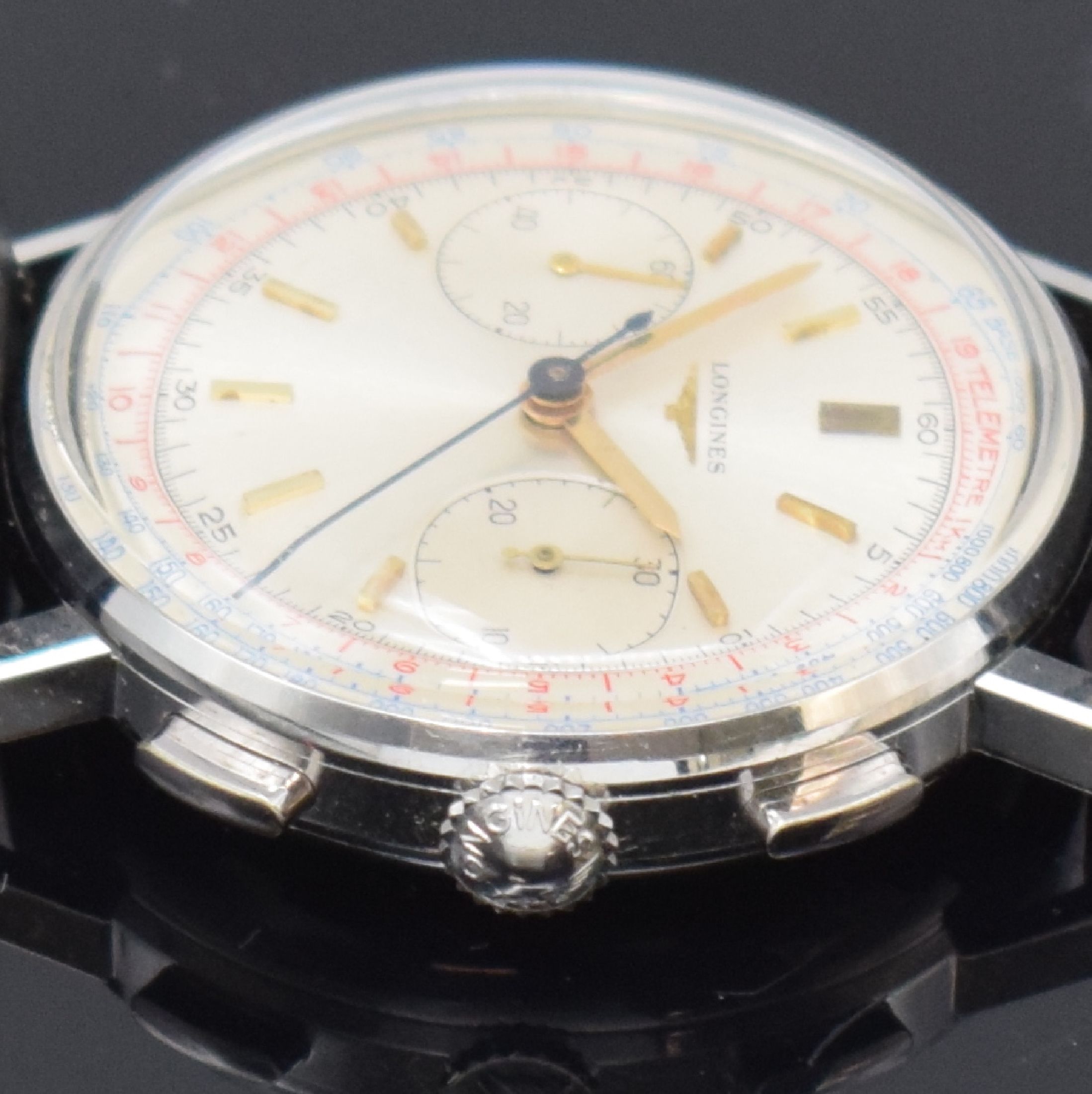 Detail g: LONGINES Flyback-Schaltradchronograph Referenz 7412, Handaufzug, Schweiz um 1966, 3-teil. Edelstahlgeh., Boden und Glasrand aufgedr., orig. Lederband ...